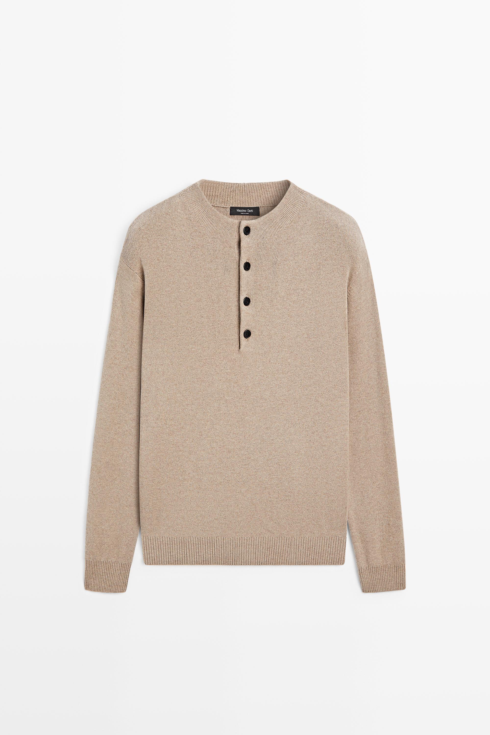 Button mock neck knit sweater Golden Brown