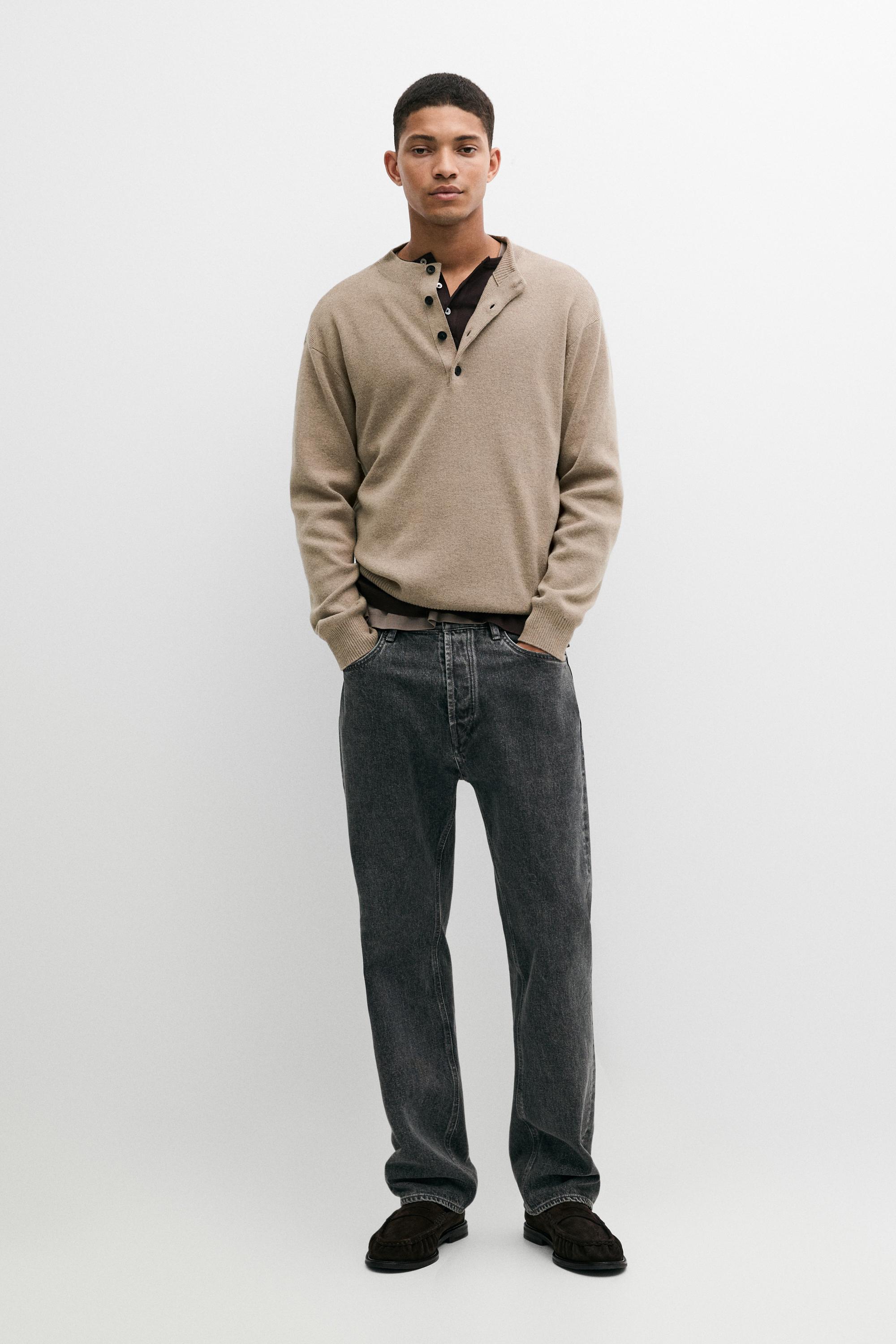 Button mock neck knit sweater Golden Brown