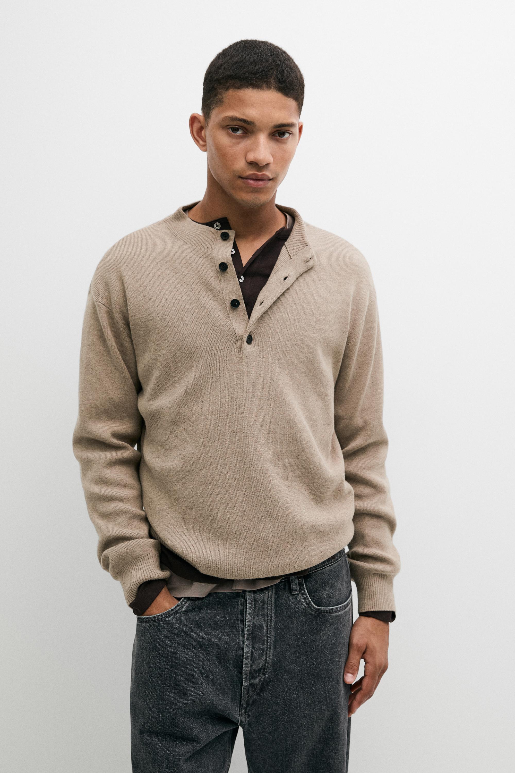 Button mock neck knit sweater Golden Brown