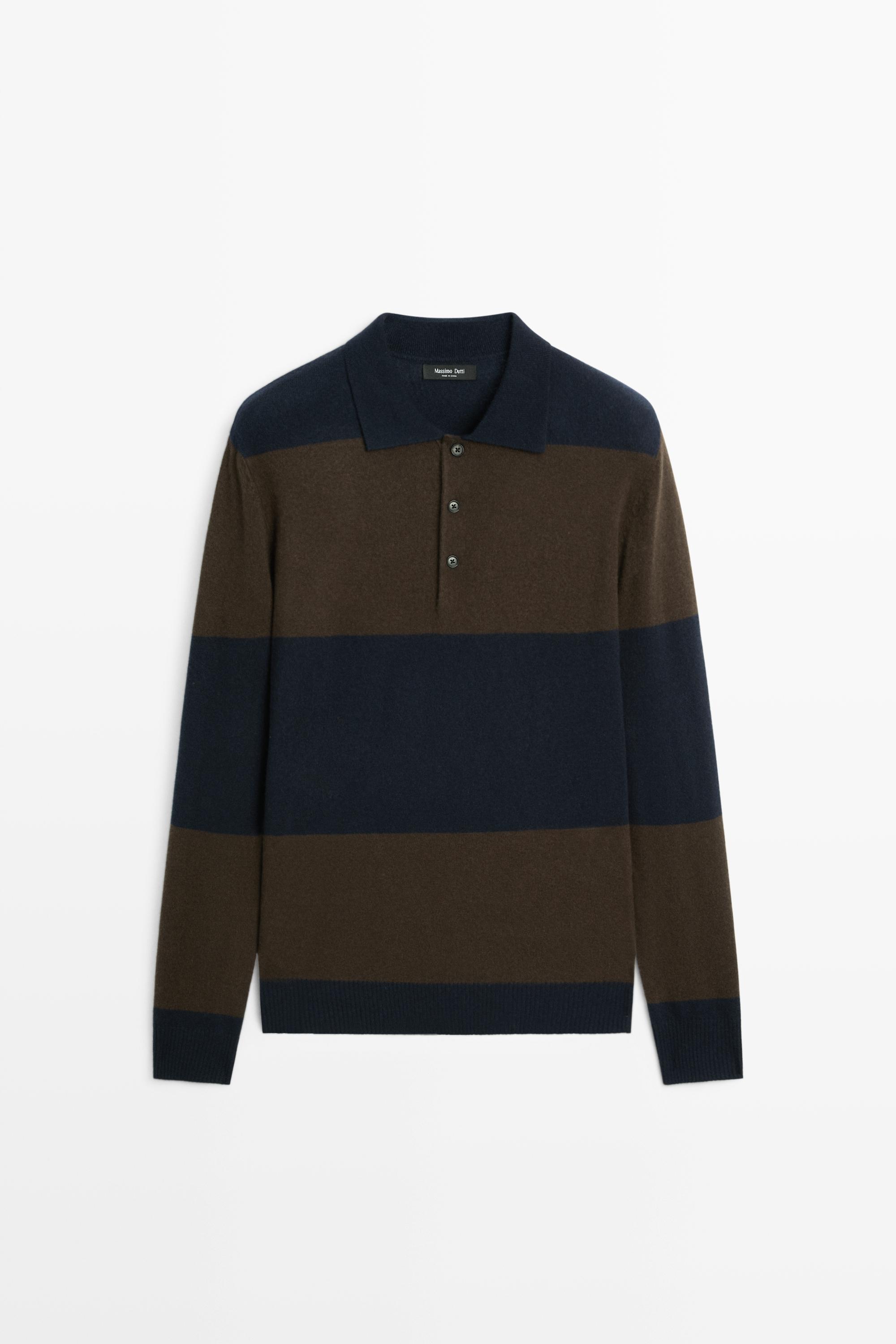 Wool-blend striped polo sweater Deep Blue