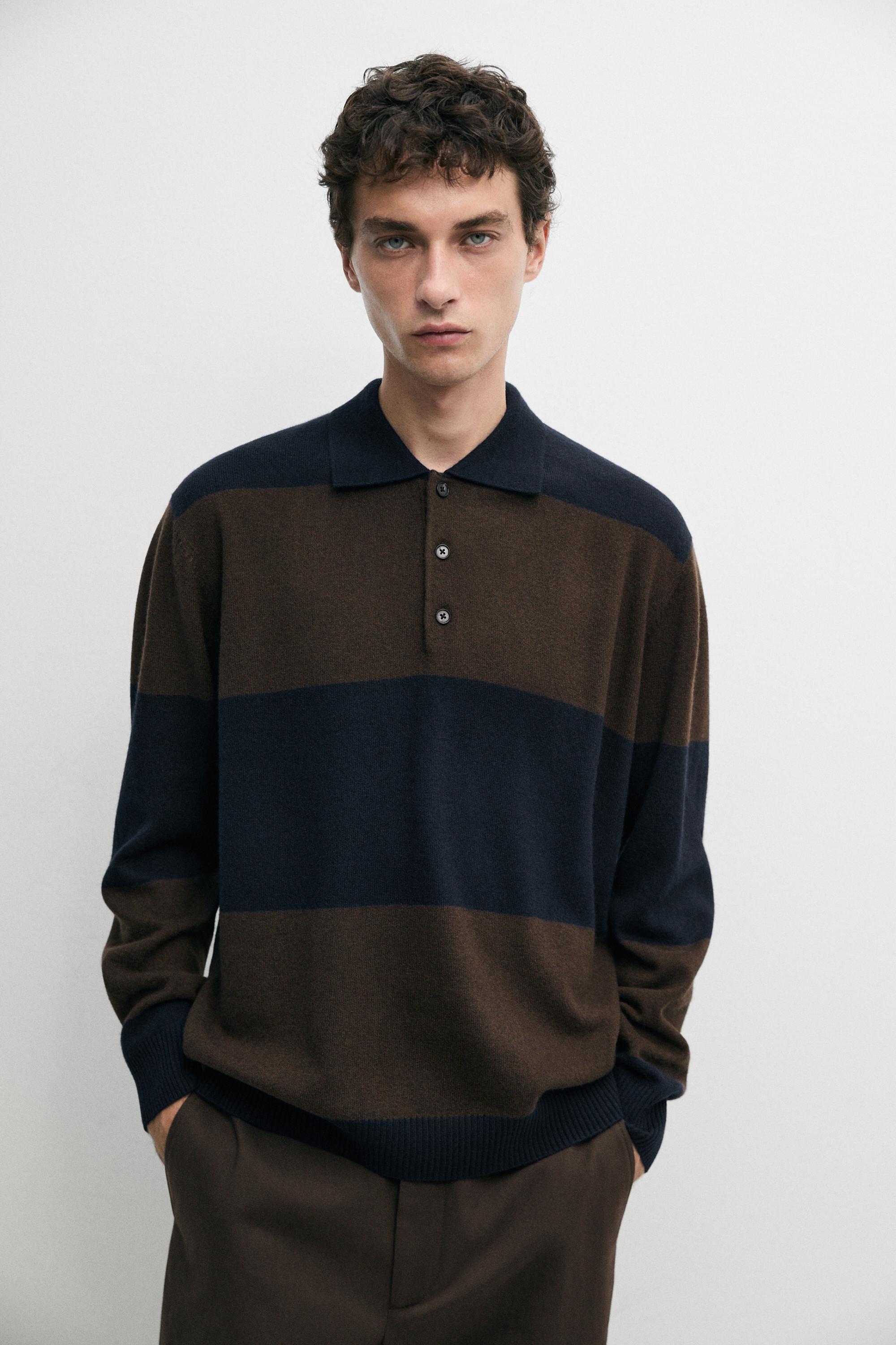 Wool-blend striped polo sweater Deep Blue