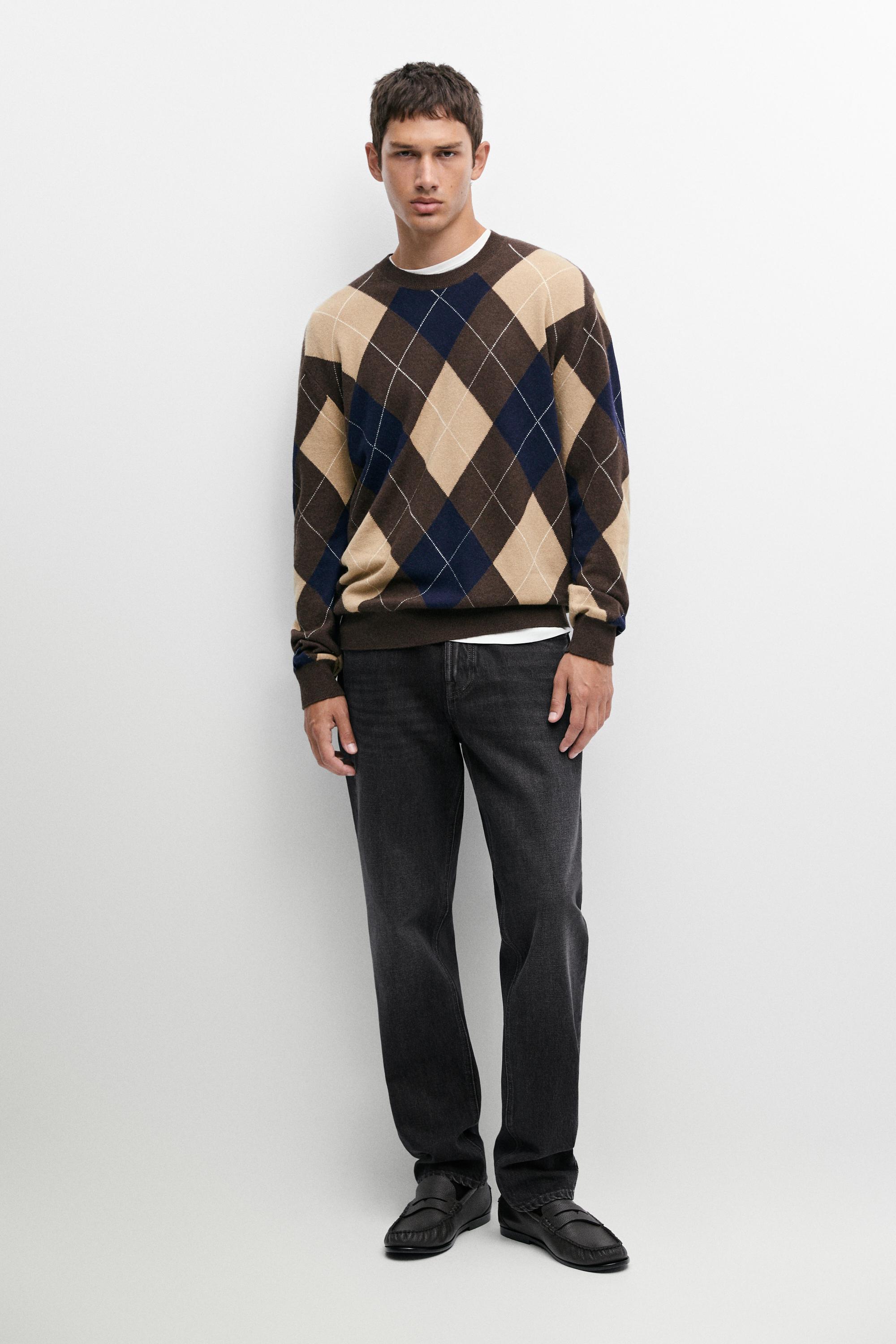 Wool-blend Argyle knit sweater Brown Marl