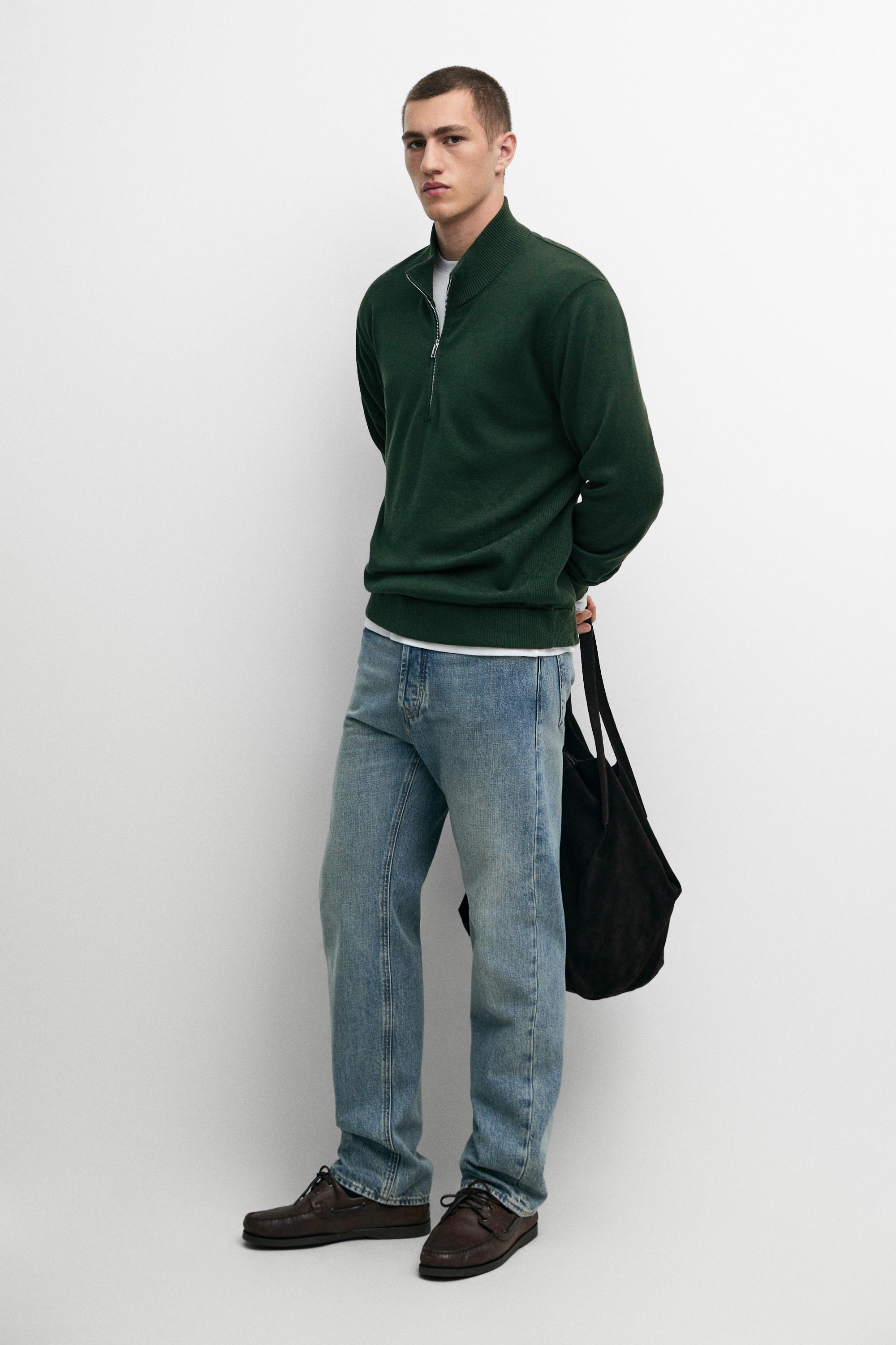Mock neck zip knit sweater Khaki