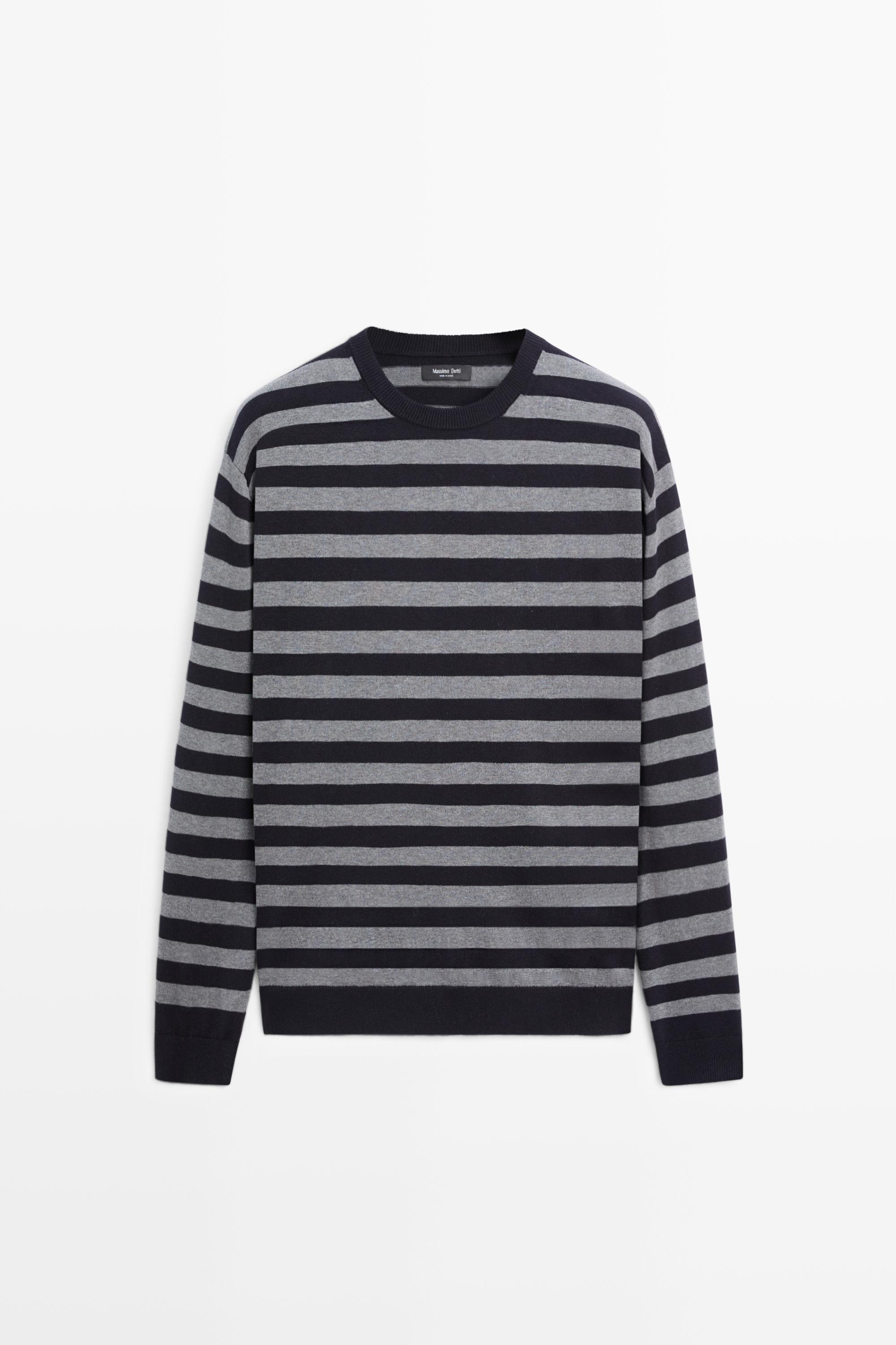 Cotton blend striped knit sweater Navy Blue