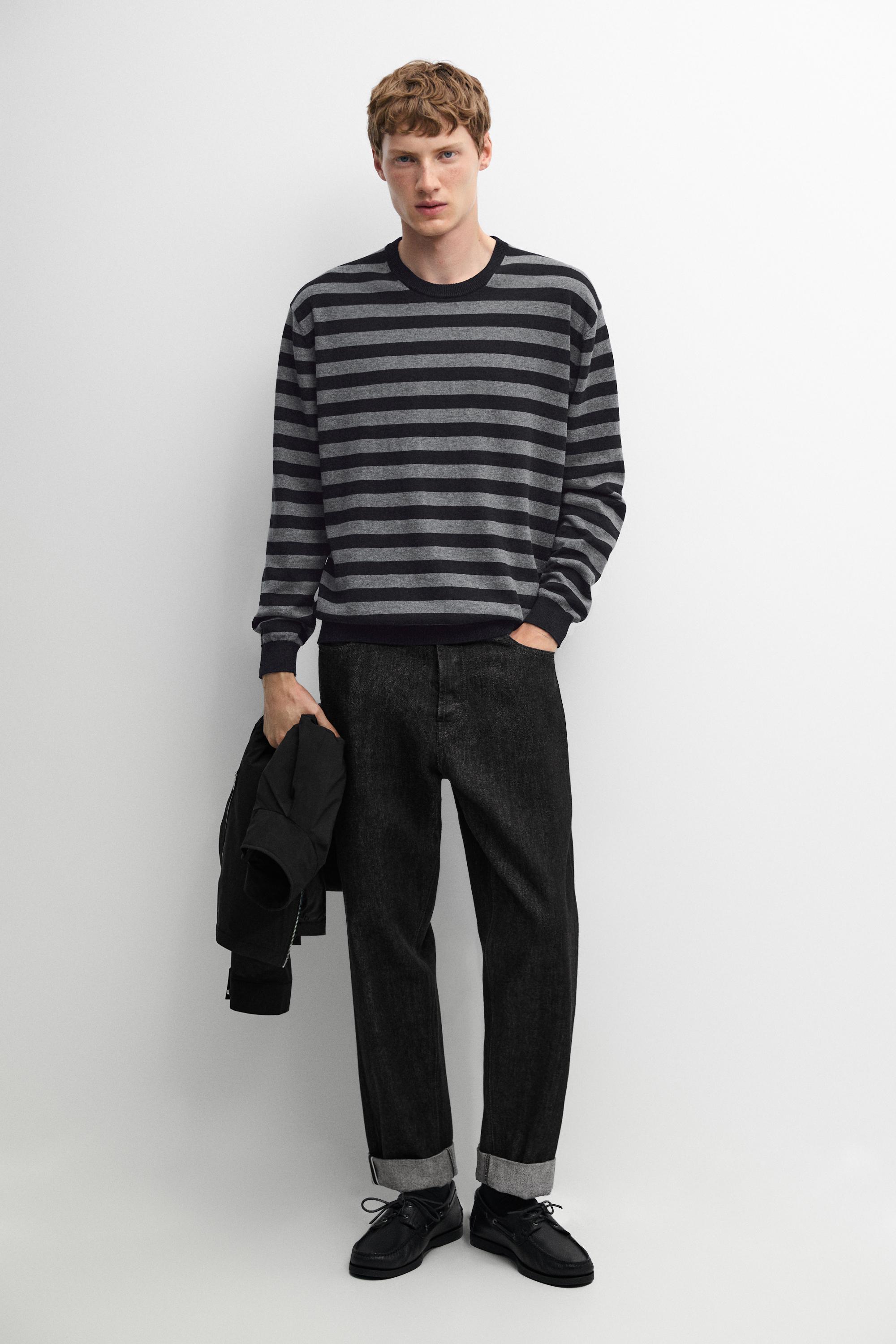 Cotton blend striped knit sweater Navy Blue