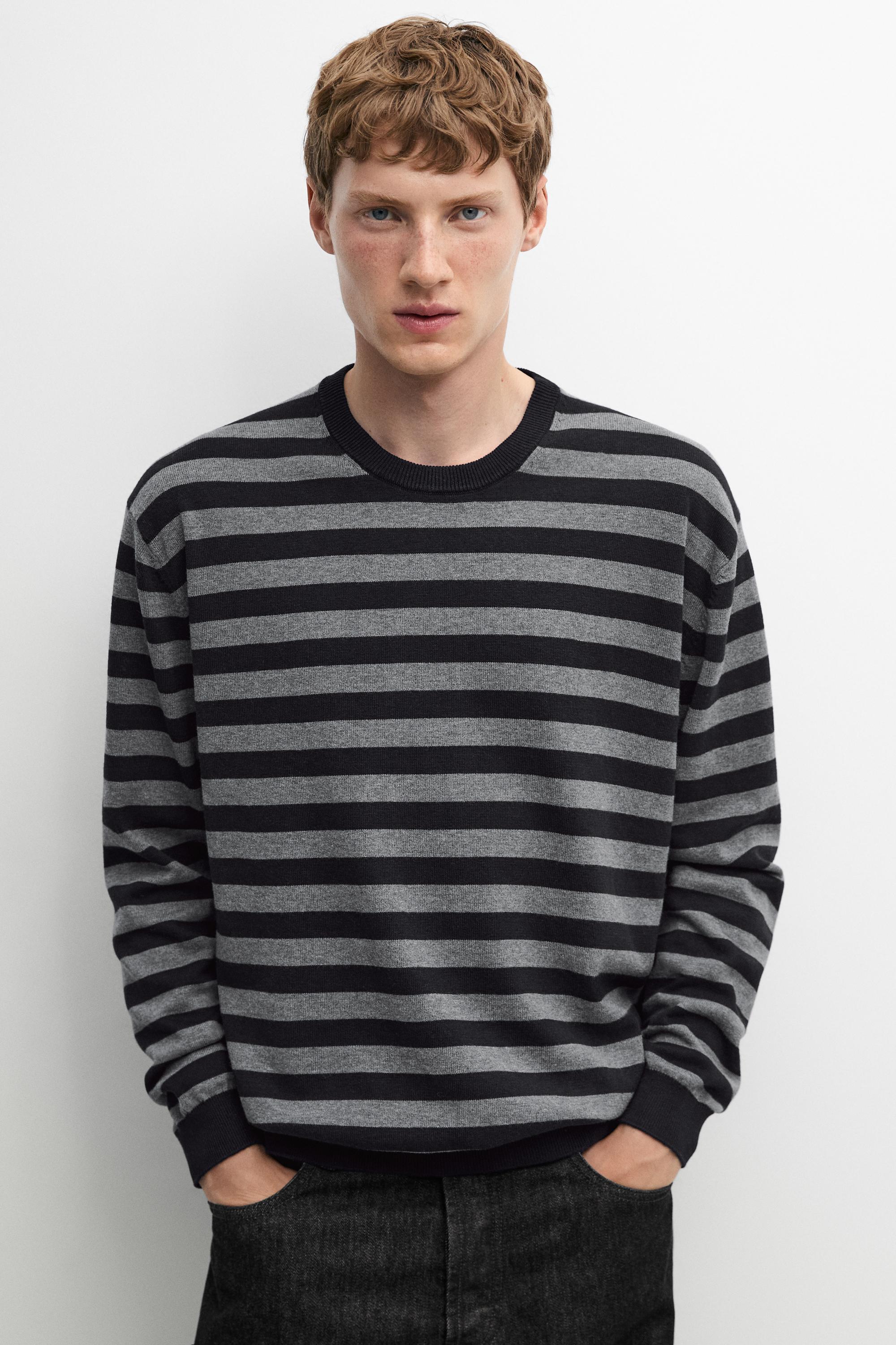 Cotton blend striped knit sweater Navy Blue