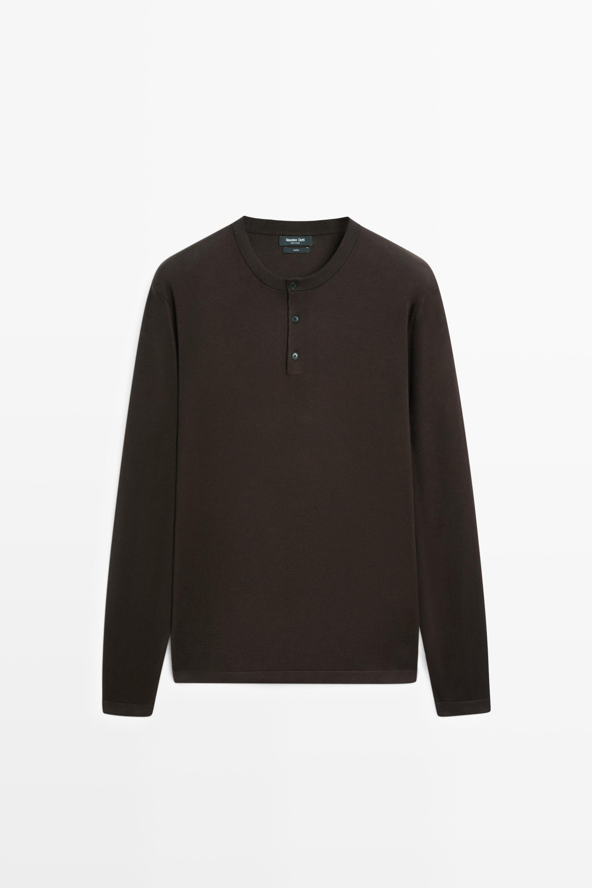 100% Cotton Henley Neck Knit Sweater Brown Marl