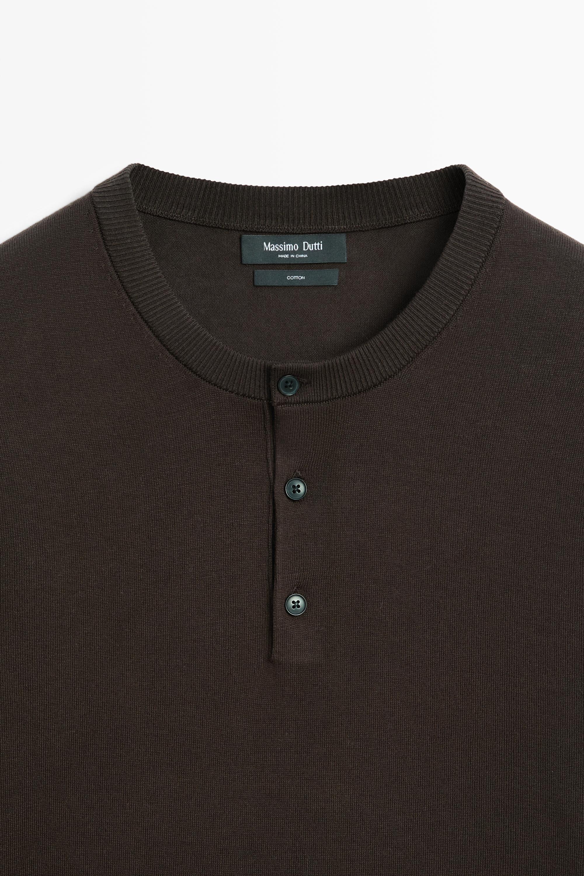 100% Cotton Henley Neck Knit Sweater Brown Marl