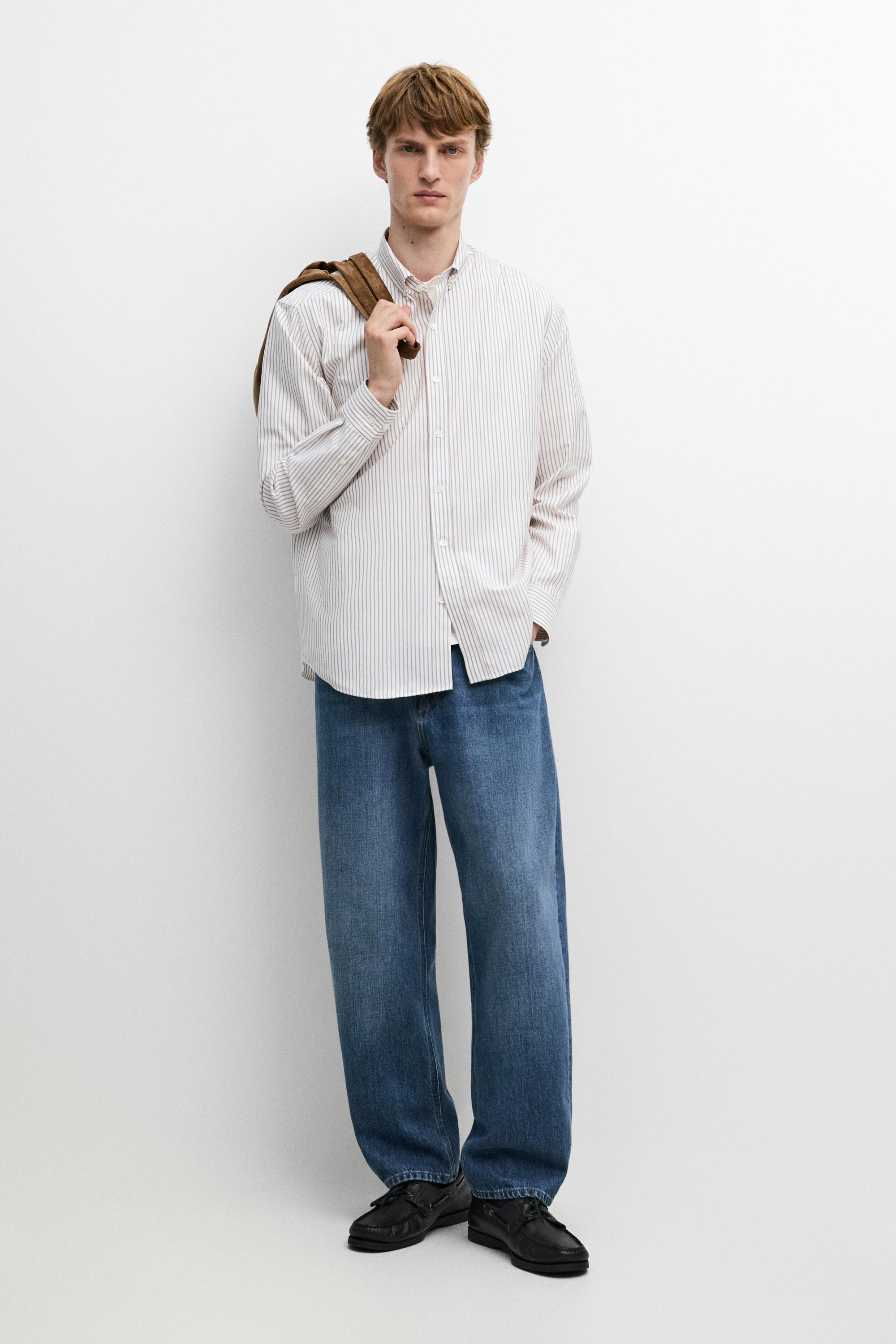 100% cotton regular fit striped shirt Brown