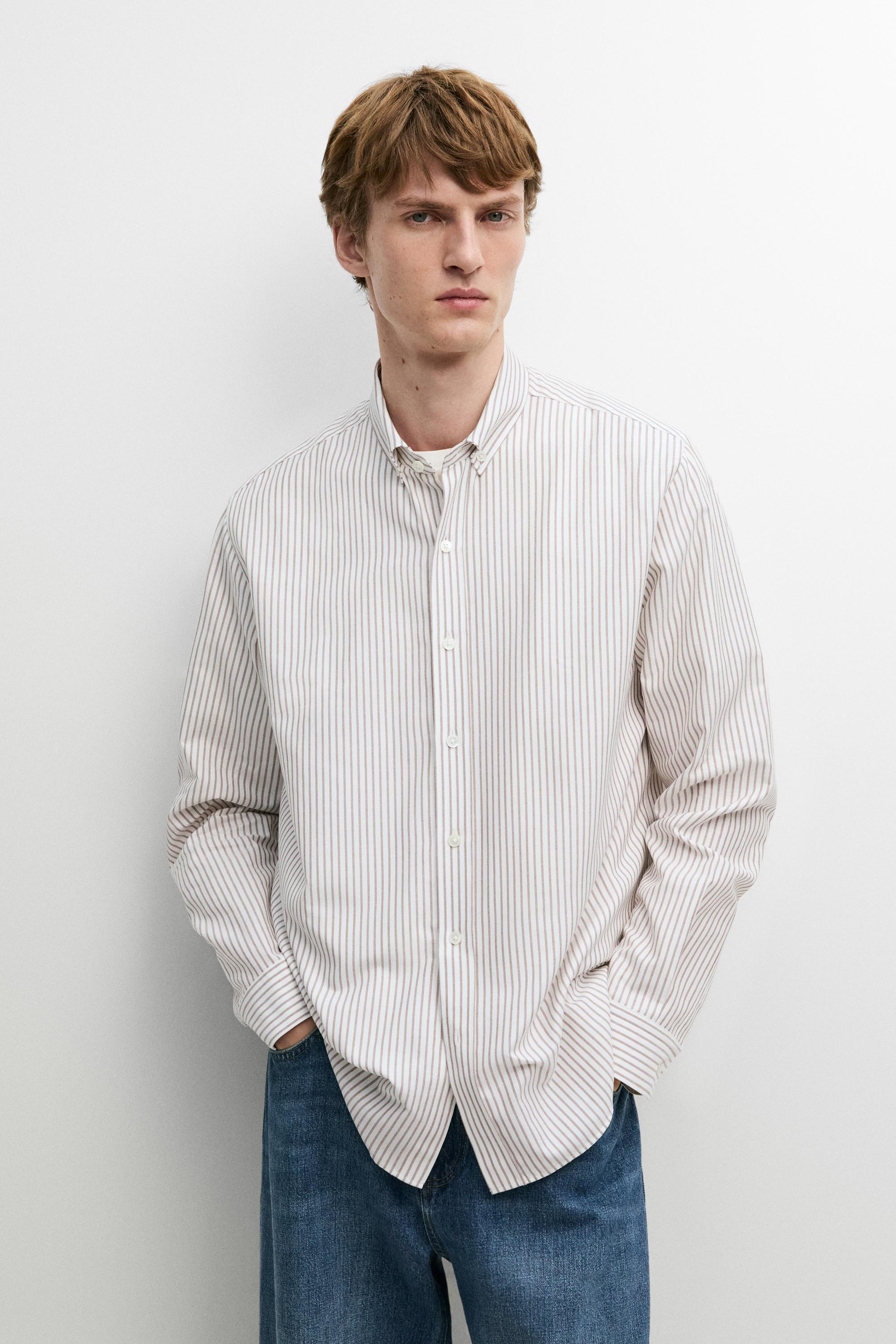 100% cotton regular fit striped shirt Brown