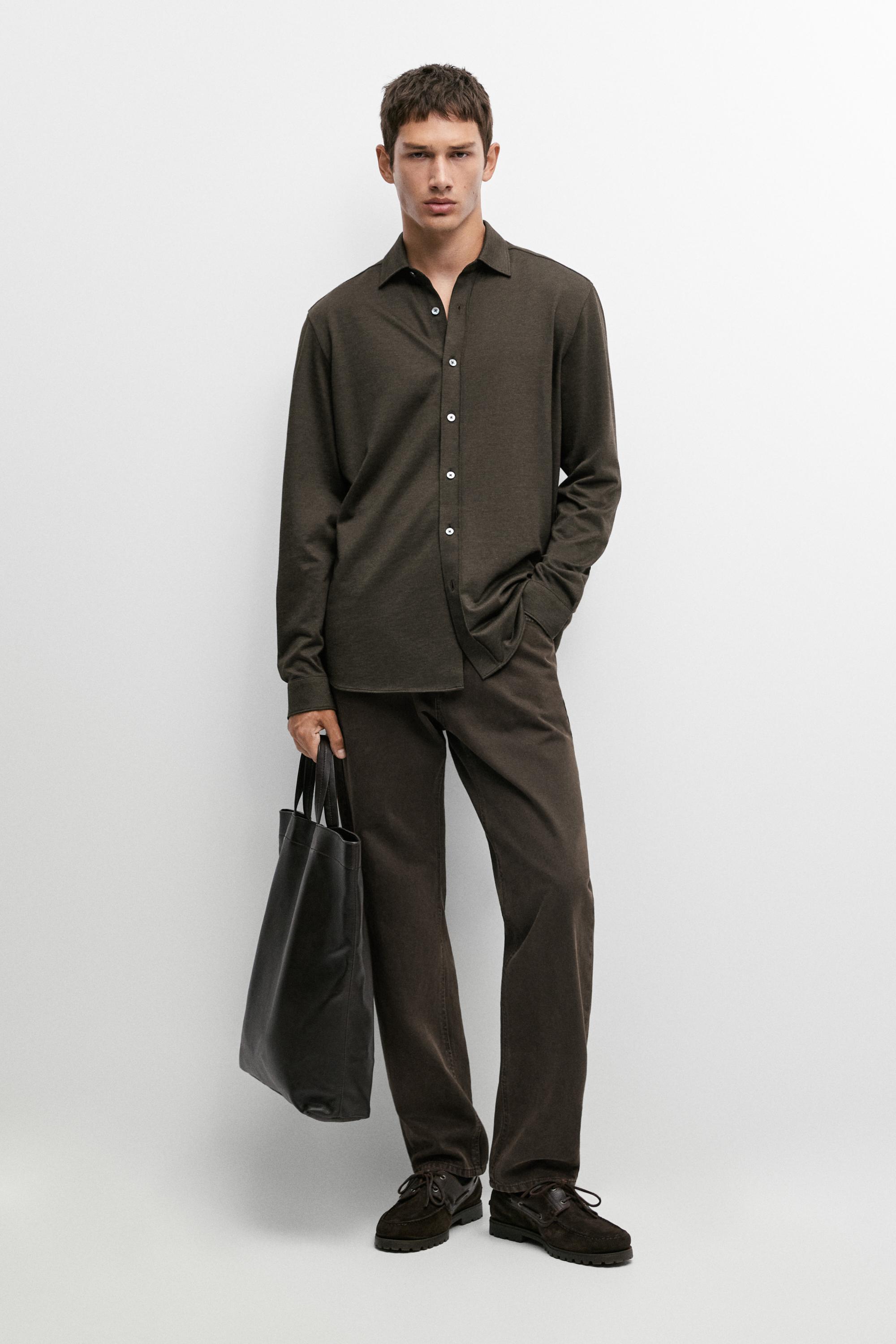 Stretch slim fit cotton shirt Brown