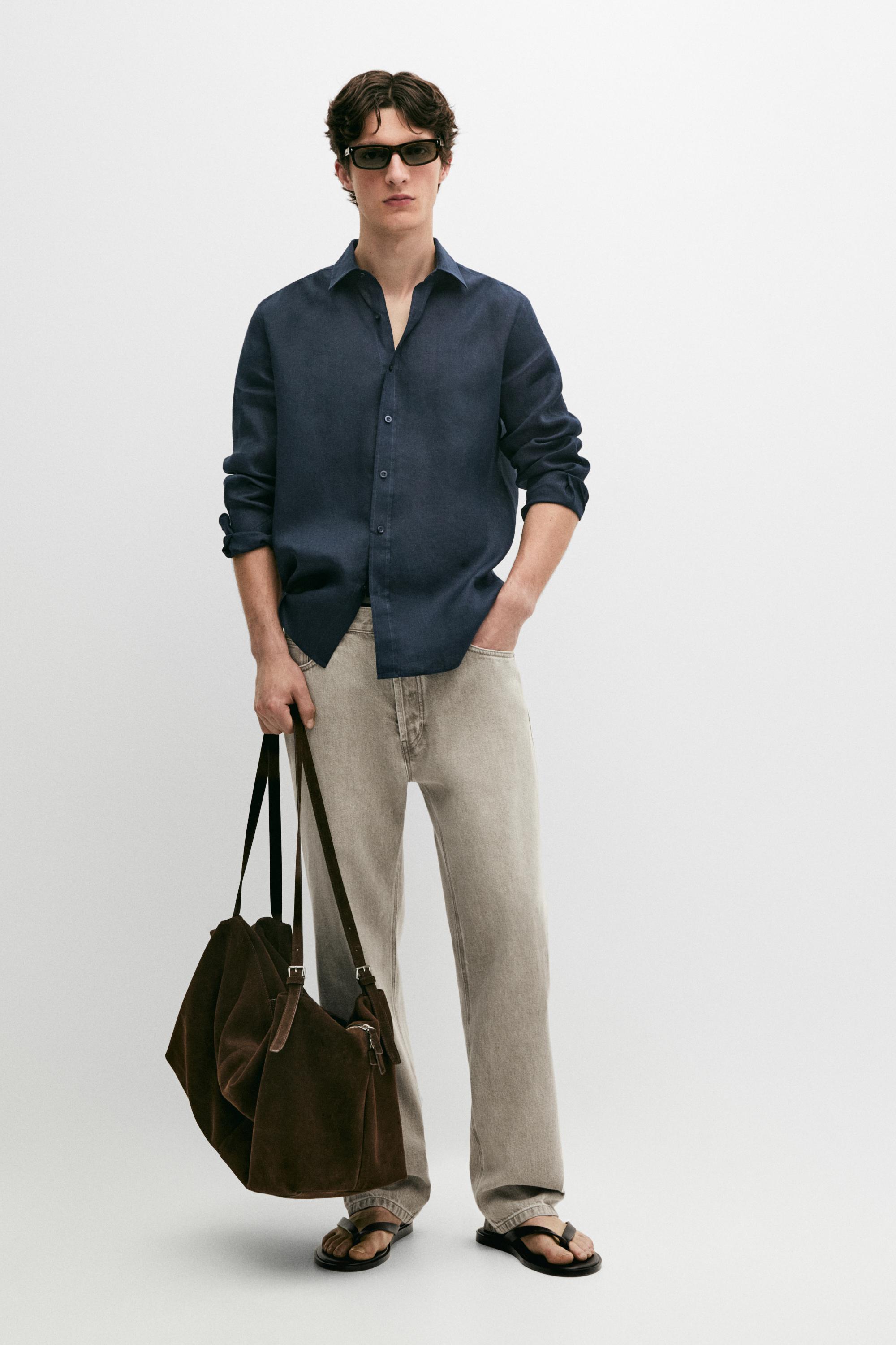 100% linen slim fit shirt Navy Blue