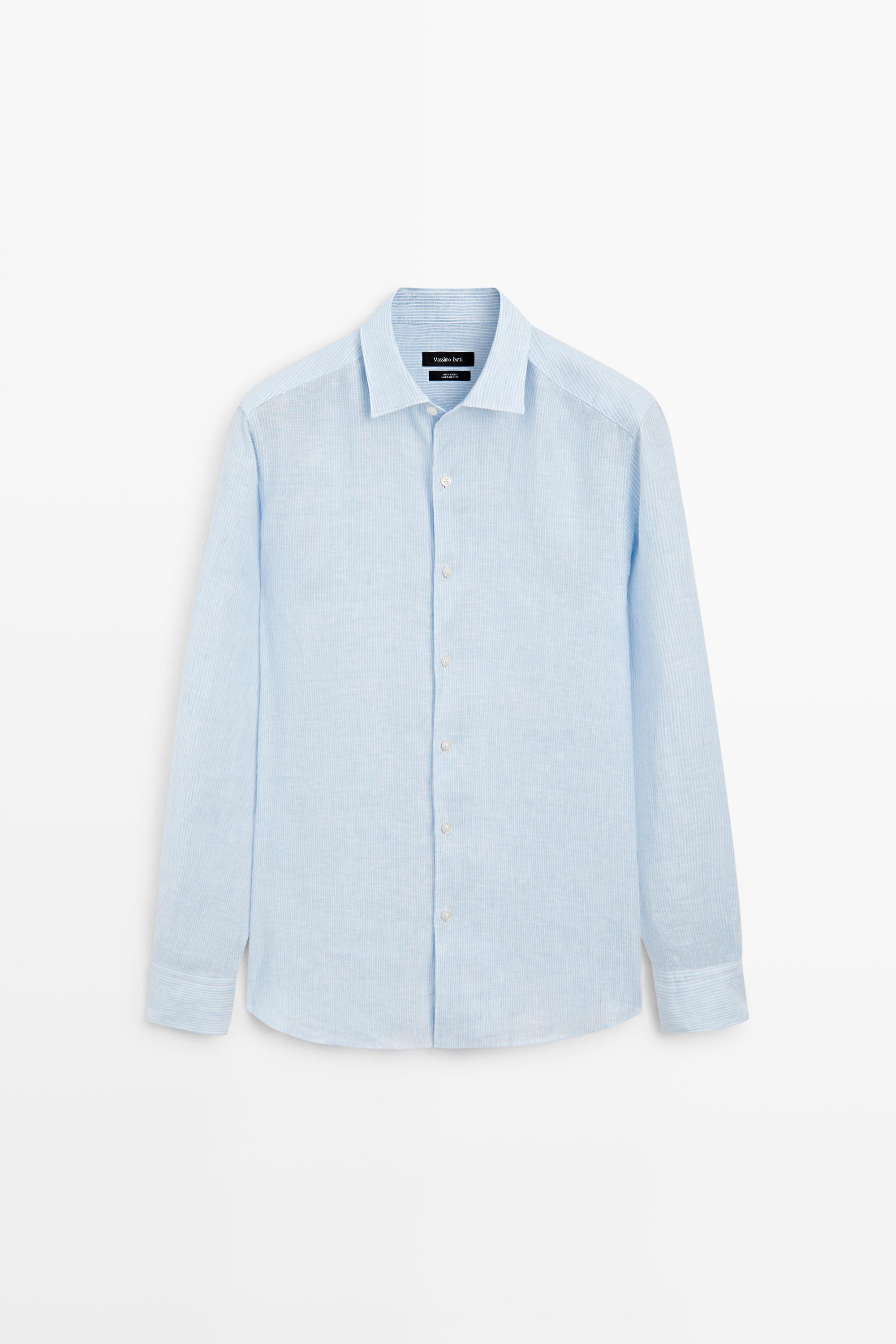 Regular fit striped melange linen shirt Sky Blue