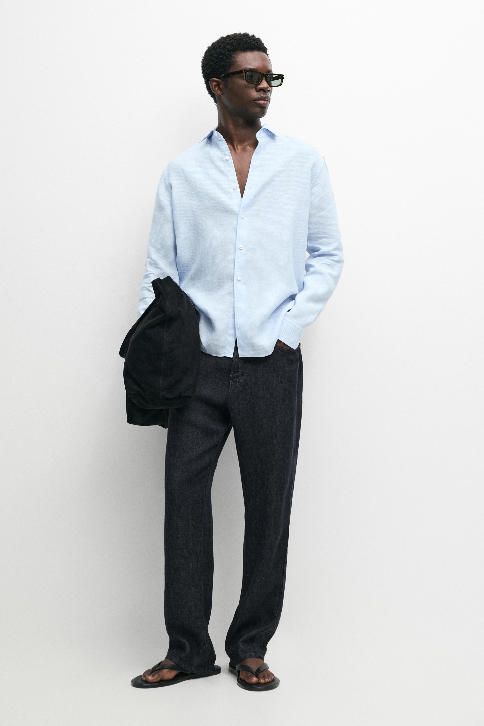 Regular fit striped melange linen shirt Sky Blue