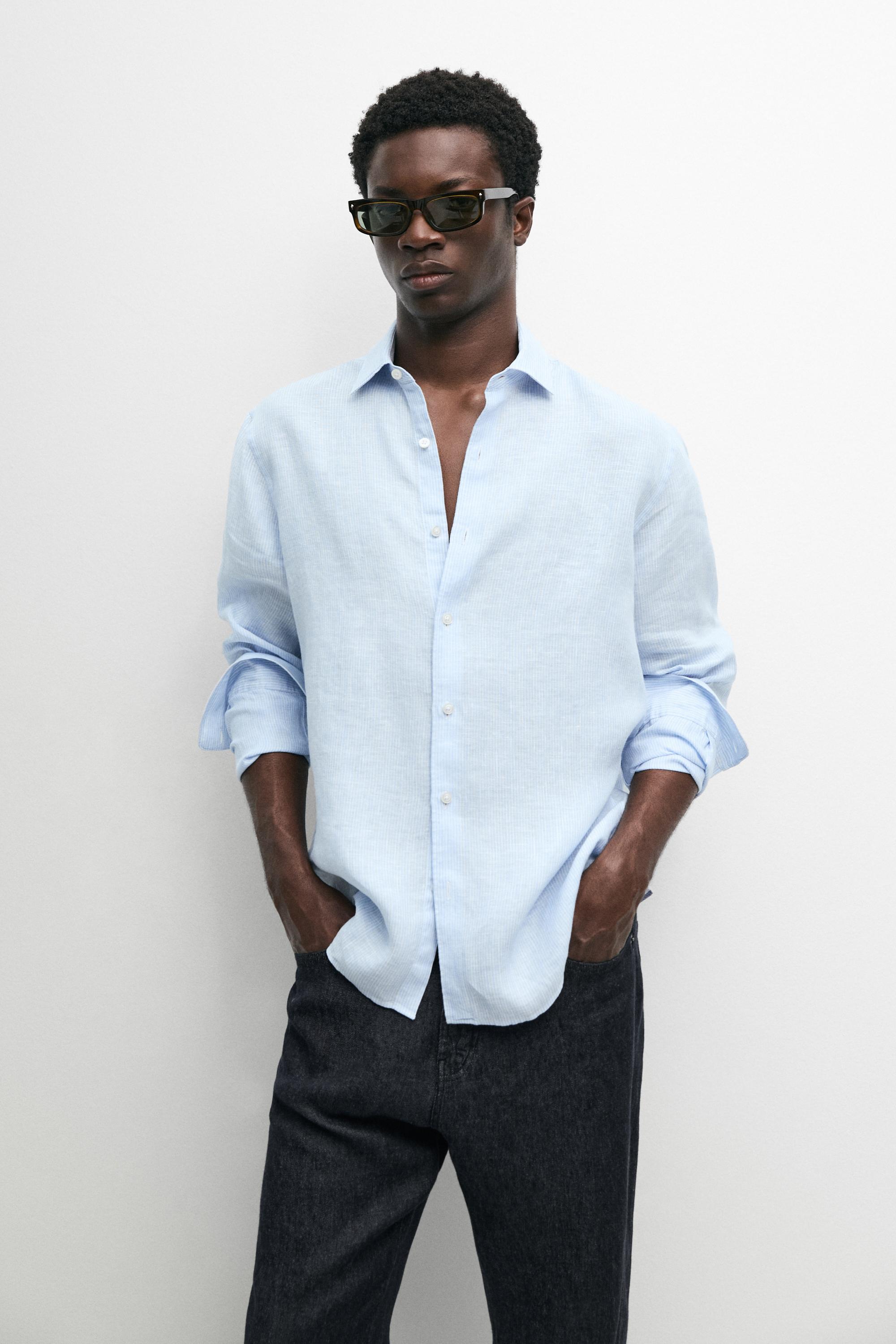 Regular fit striped melange linen shirt Sky Blue