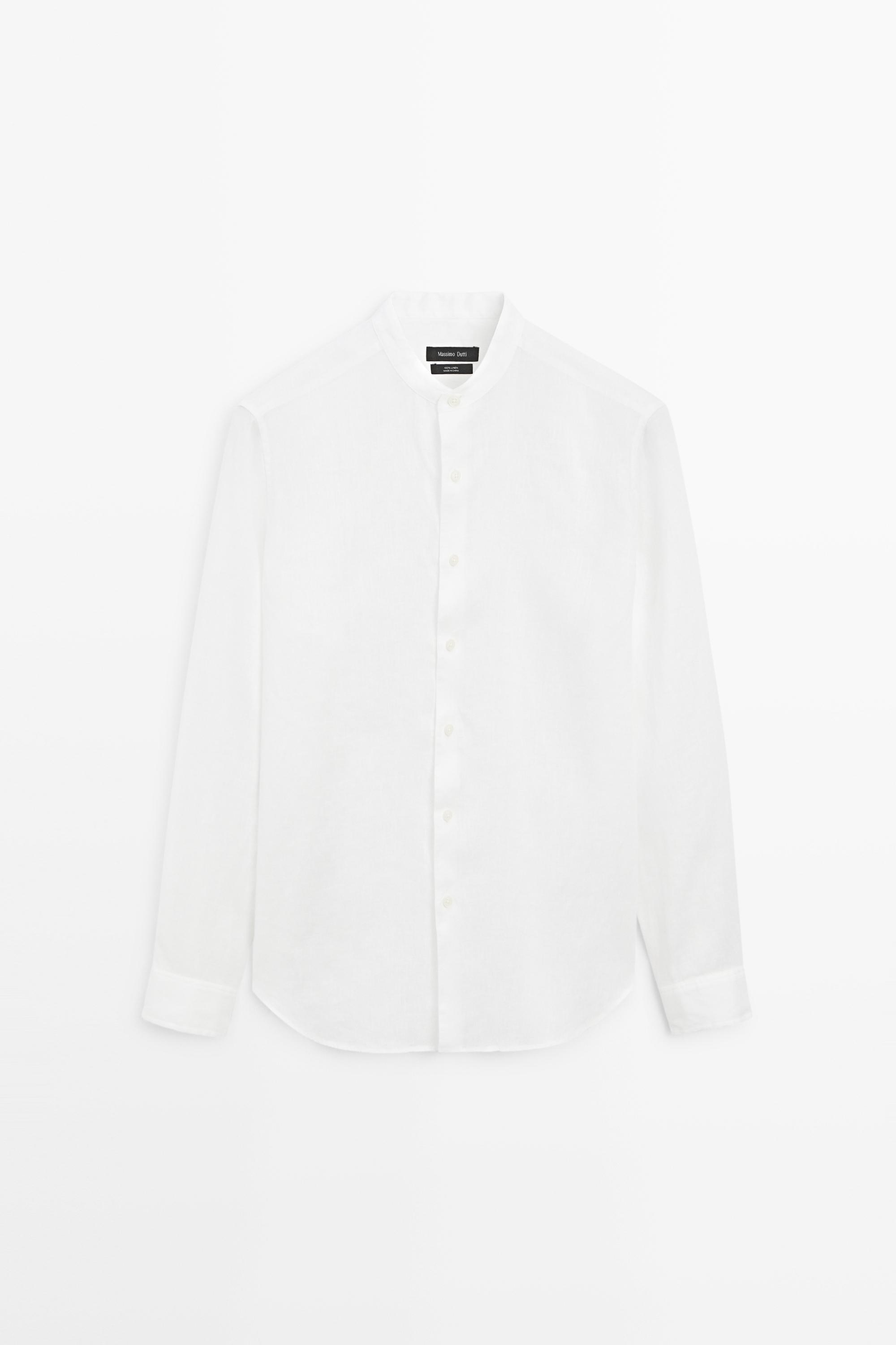 100% linen regular fit stand collar shirt White