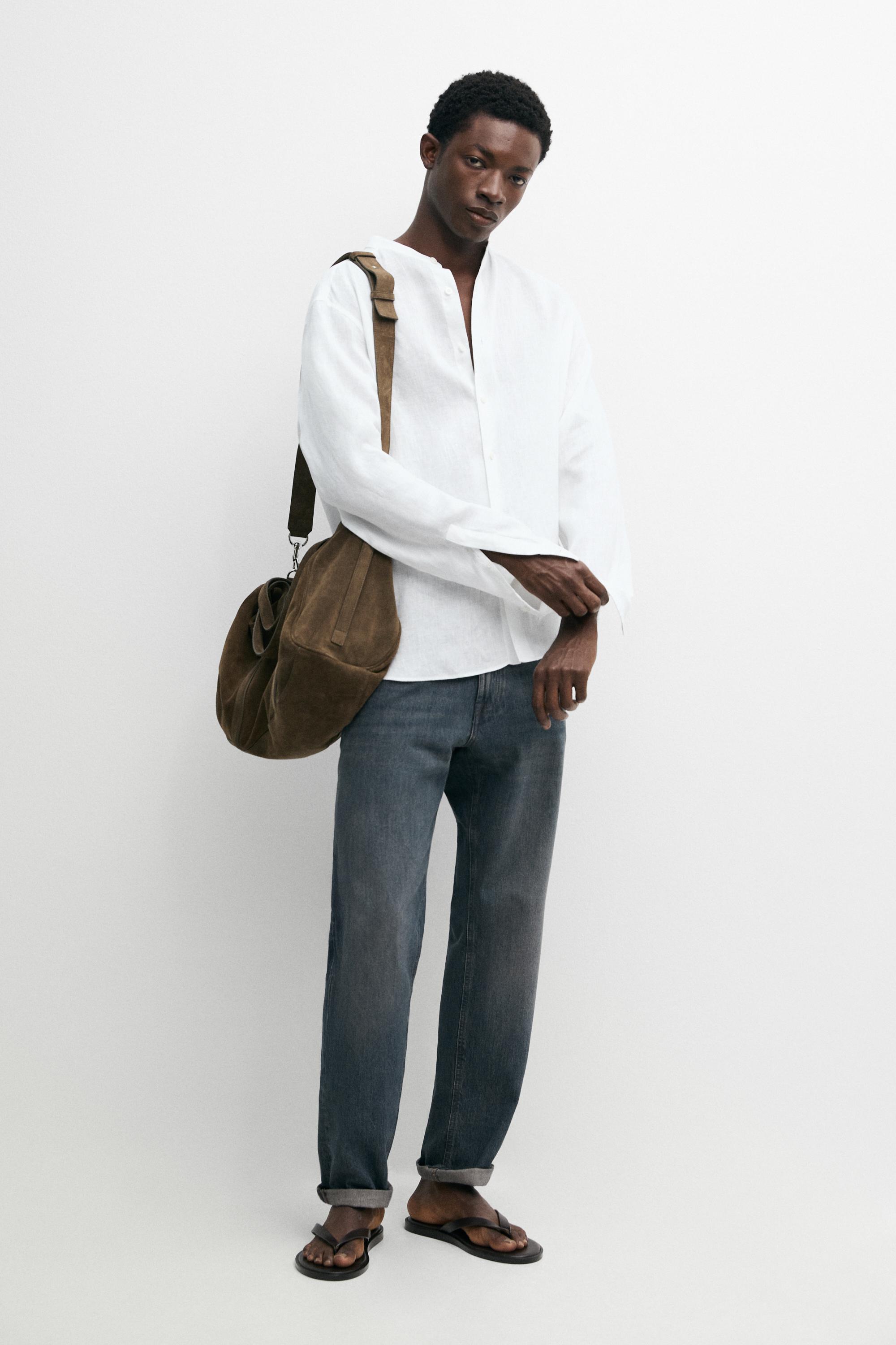 100% linen regular fit stand collar shirt White