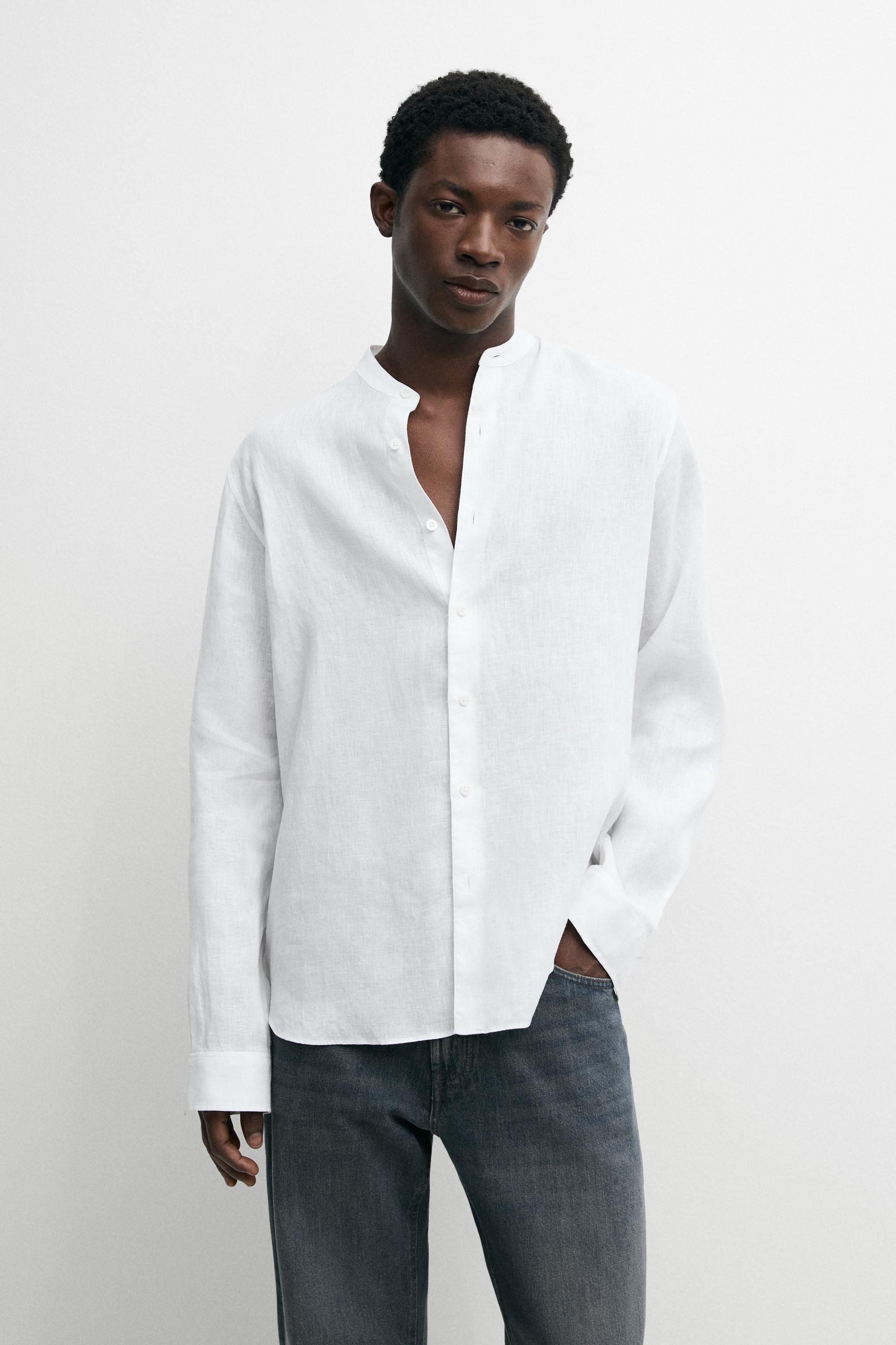 100% linen regular fit stand collar shirt White