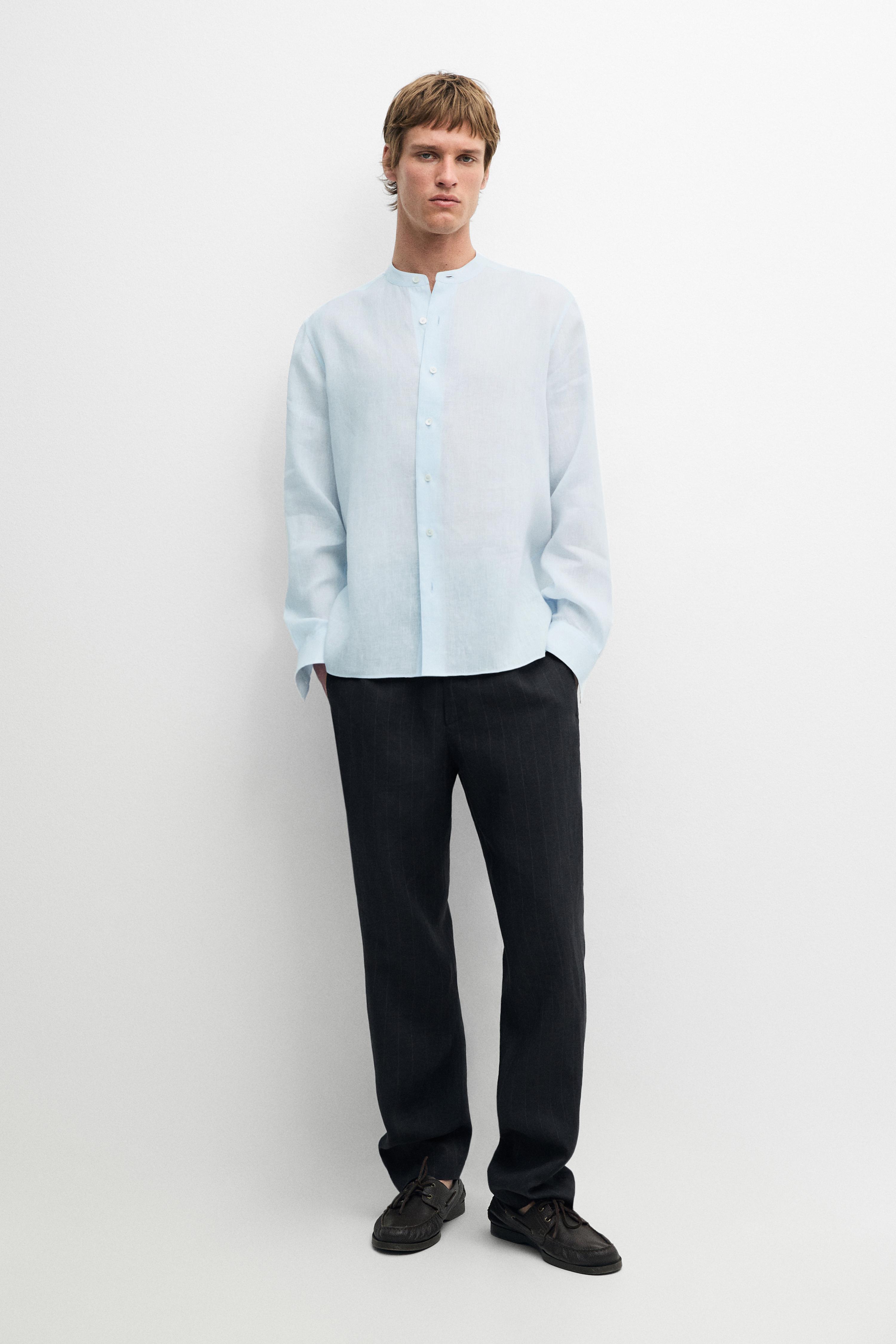 100% linen regular fit stand collar shirt Sky Blue