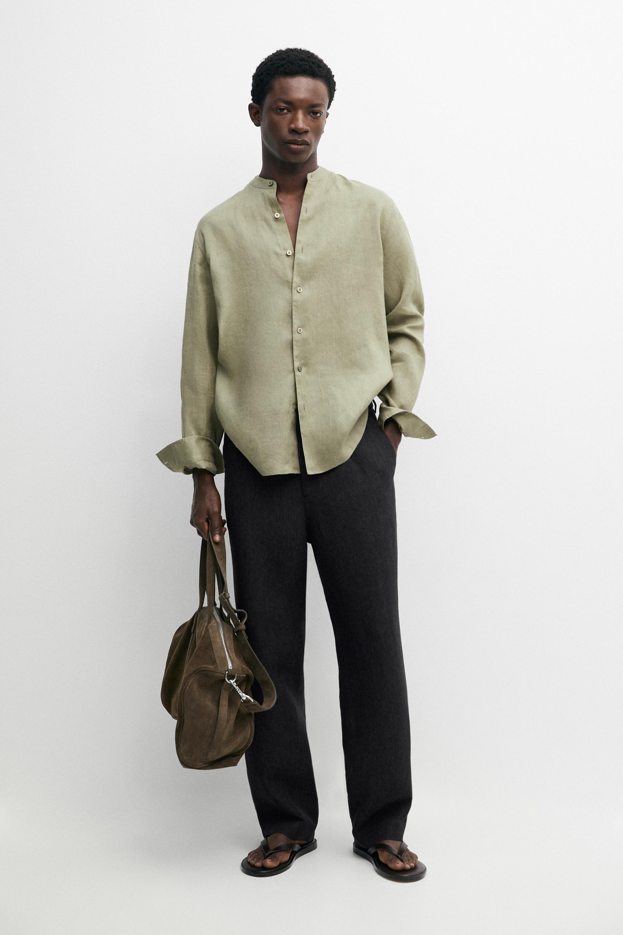 100% linen regular fit stand collar shirt Pale Green