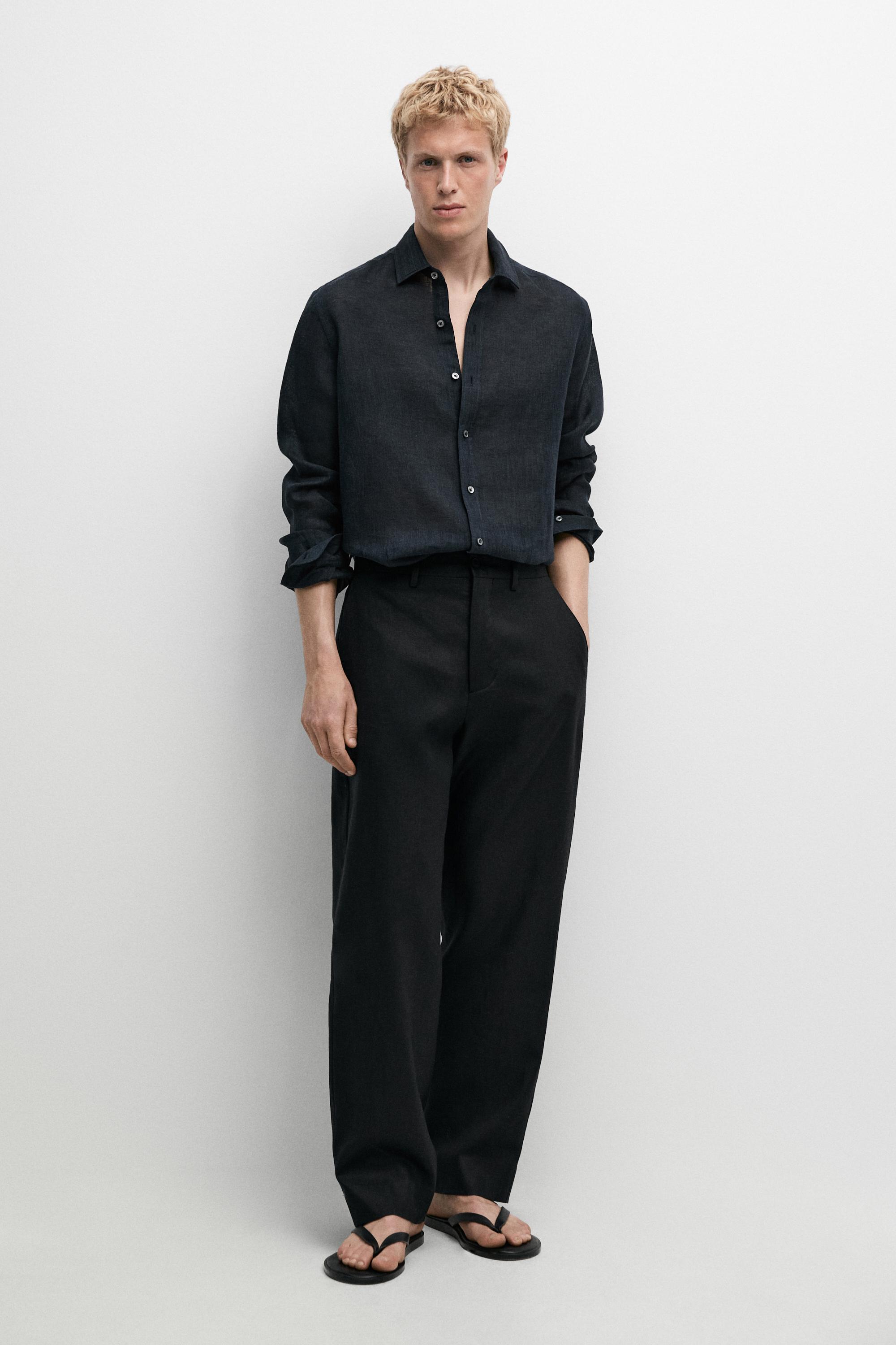 Regular fit 100% linen shirt Navy Blue