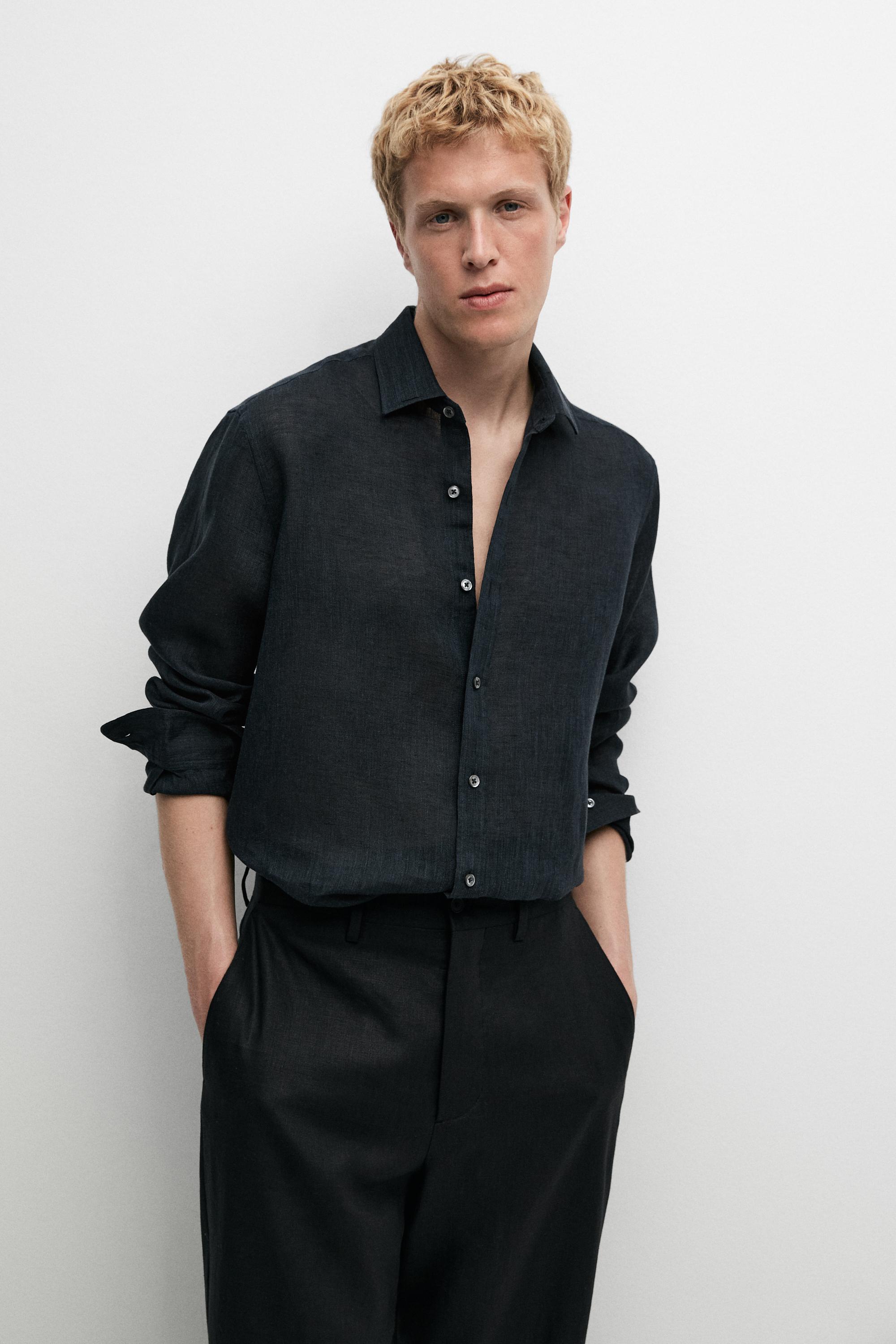 Regular fit 100% linen shirt Navy Blue