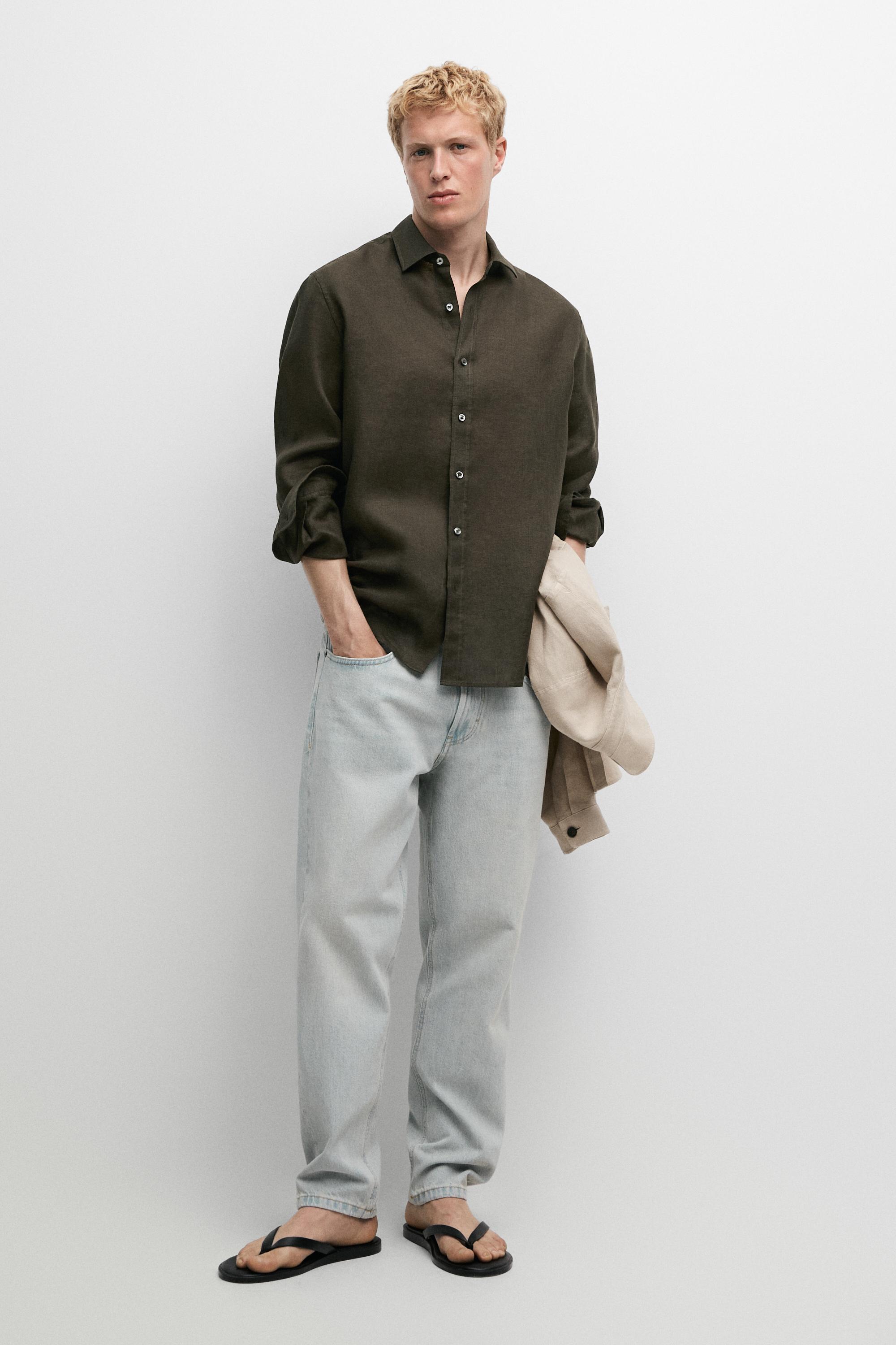 Regular fit 100% linen shirt Dark Green