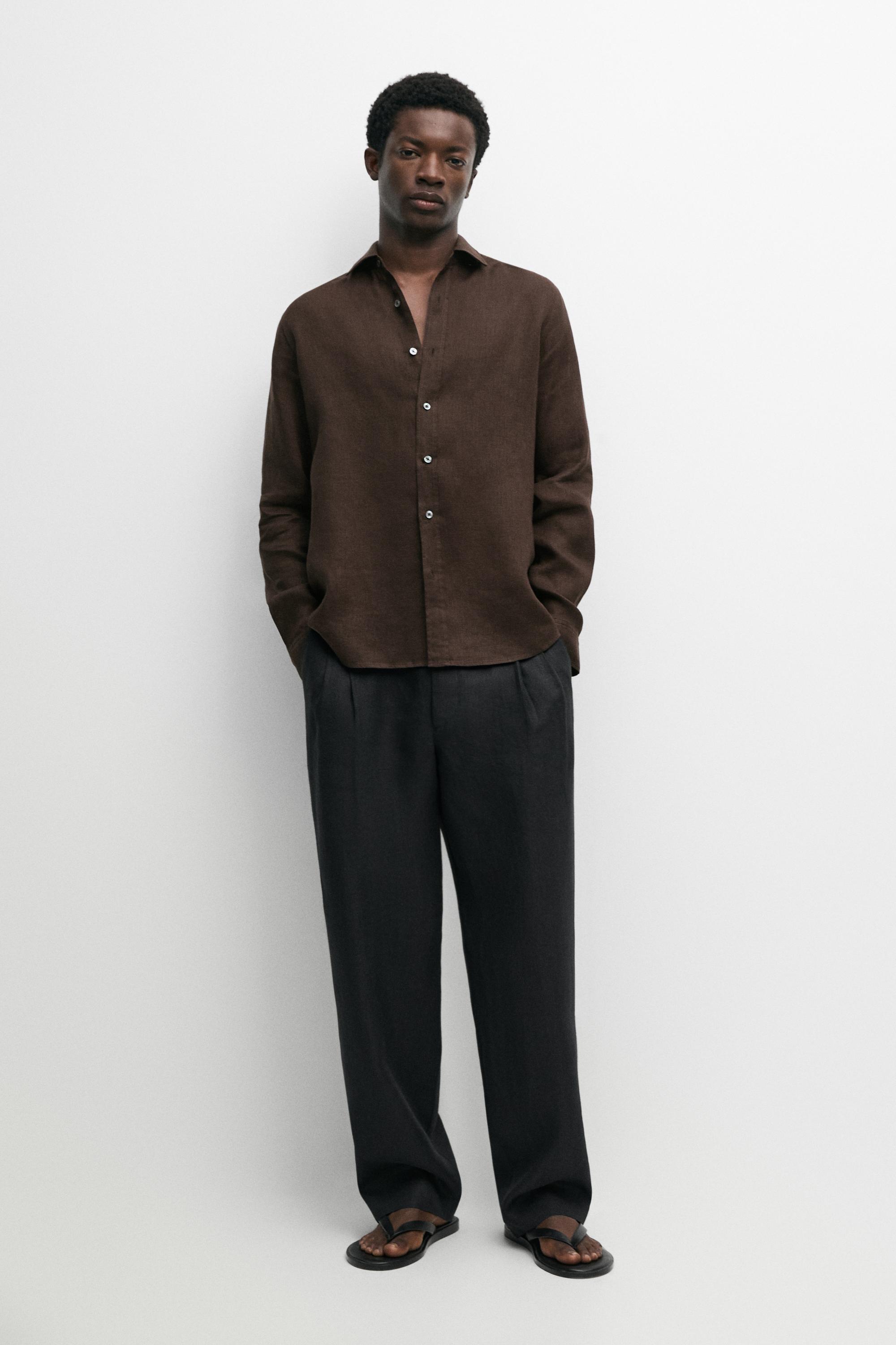 Regular fit 100% linen shirt Brown