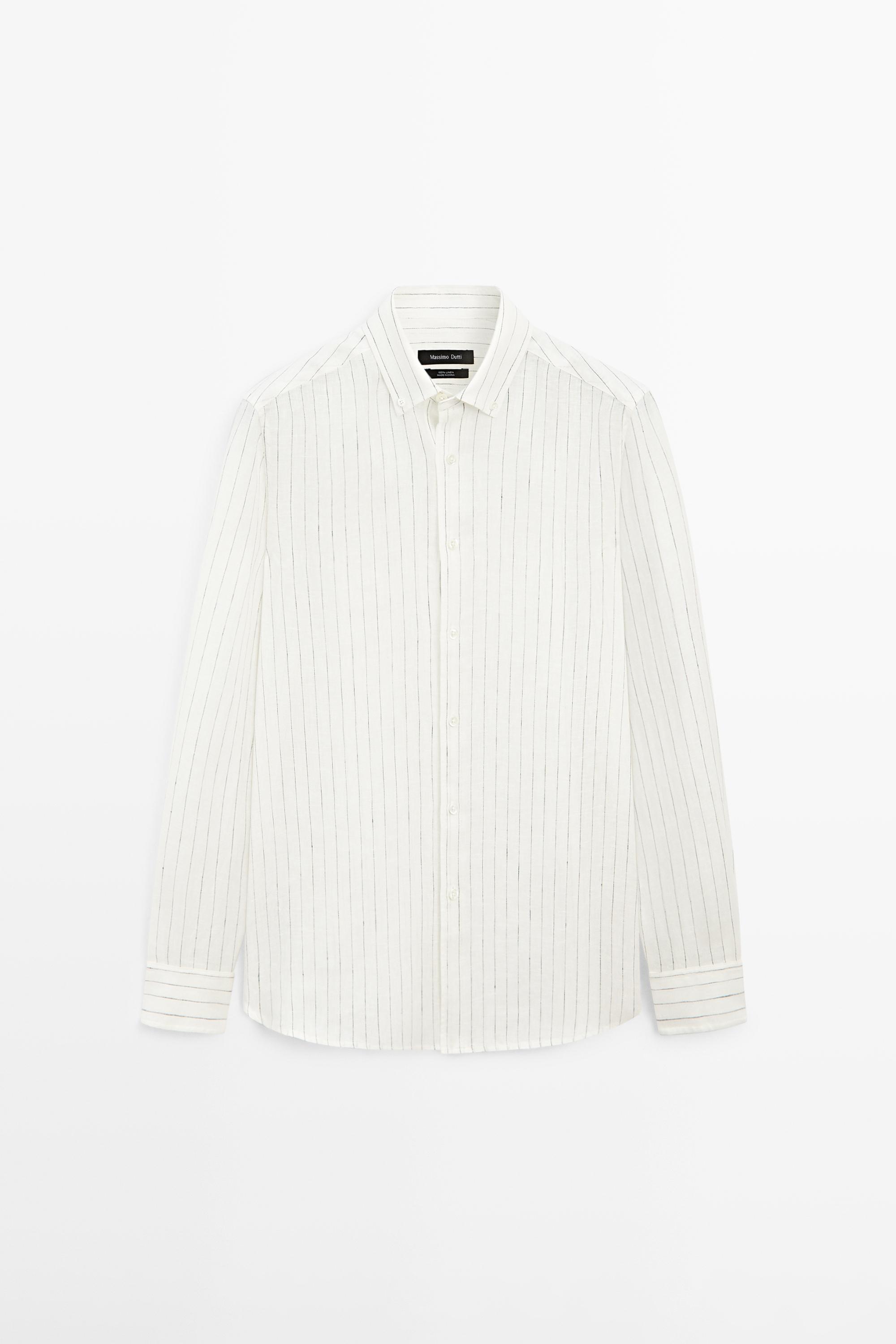 100% linen regular fit striped shirt Cream