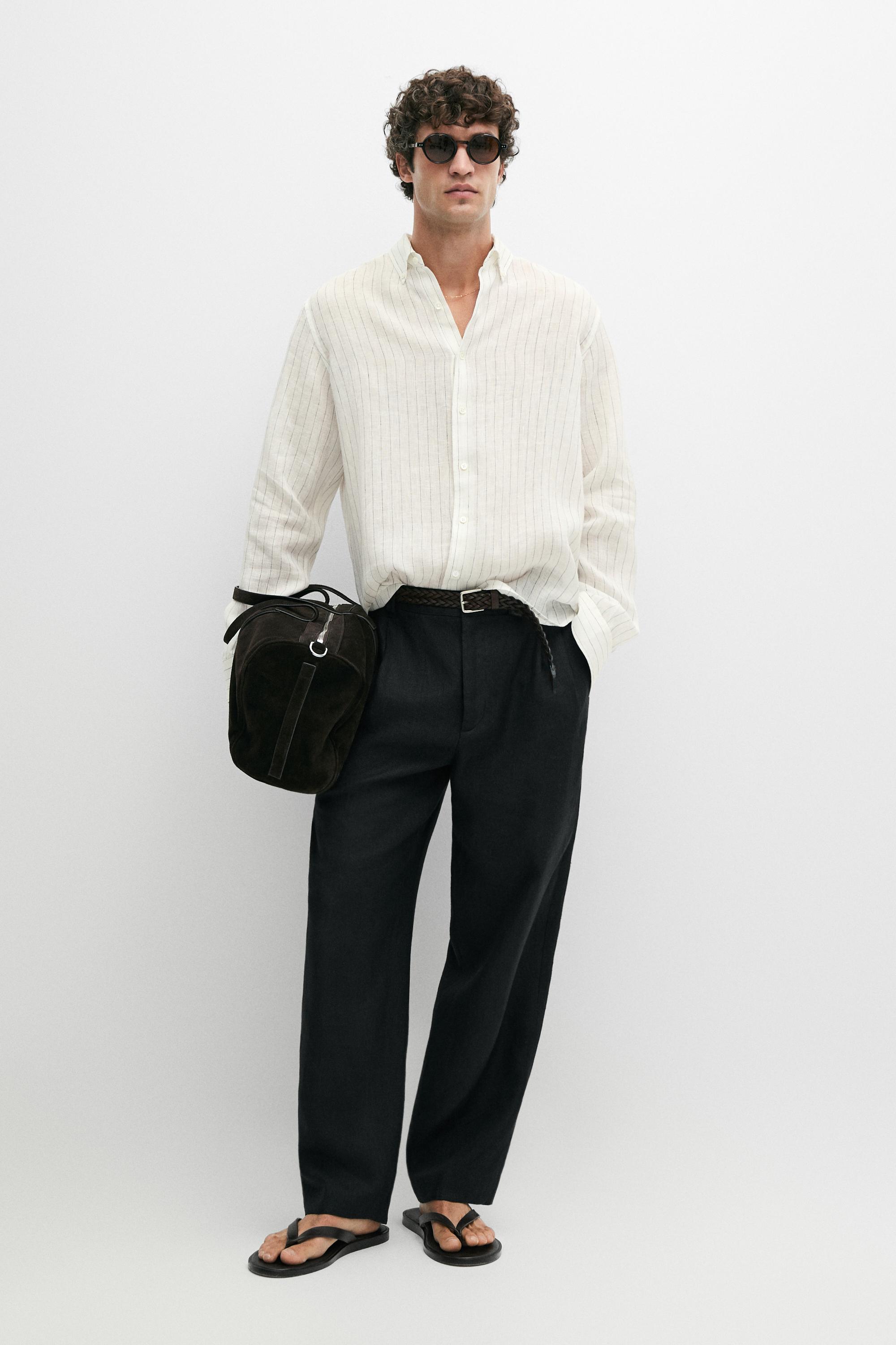 100% linen regular fit striped shirt Cream