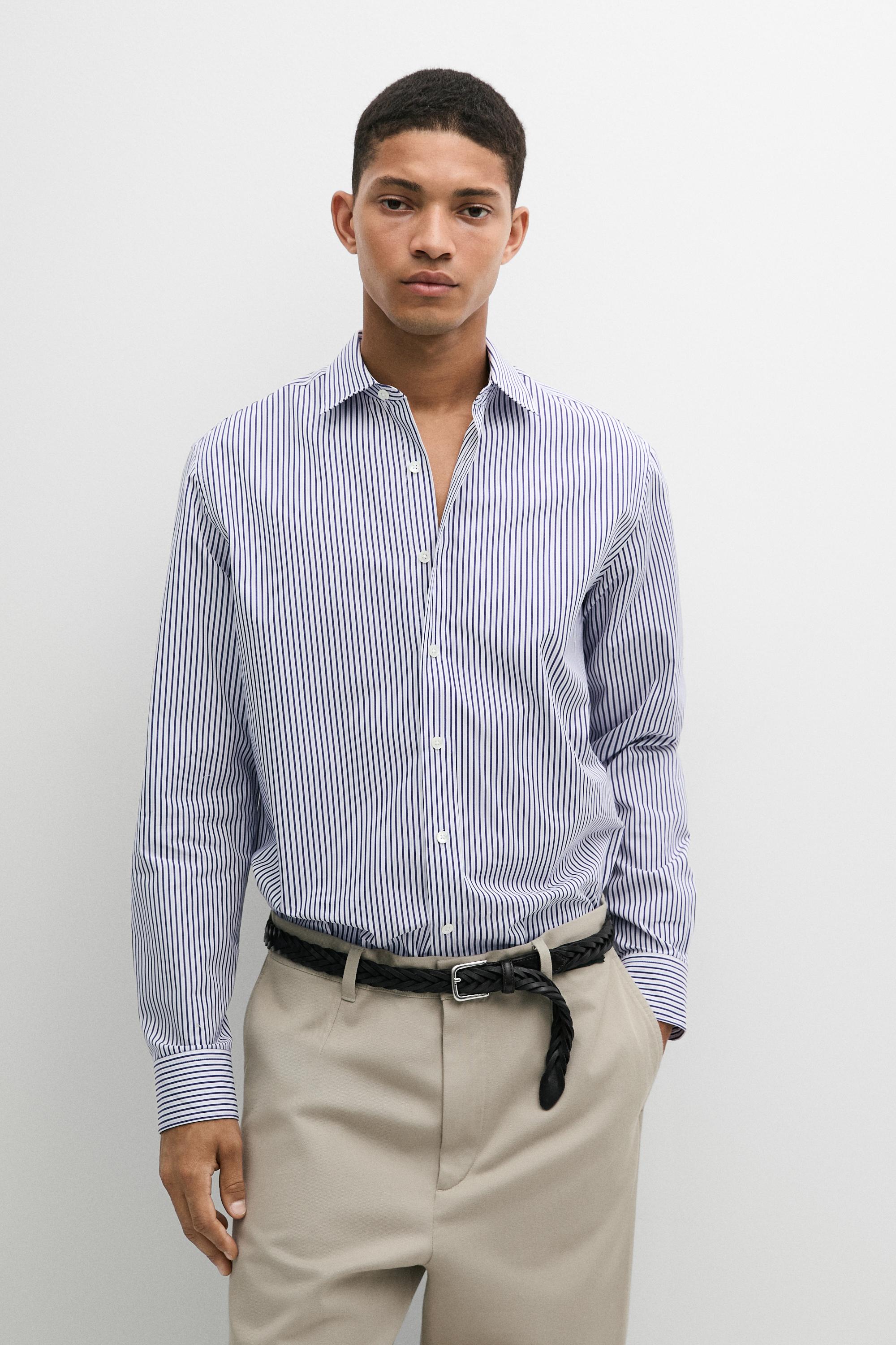 100% cotton regular fit striped shirt Navy Blue