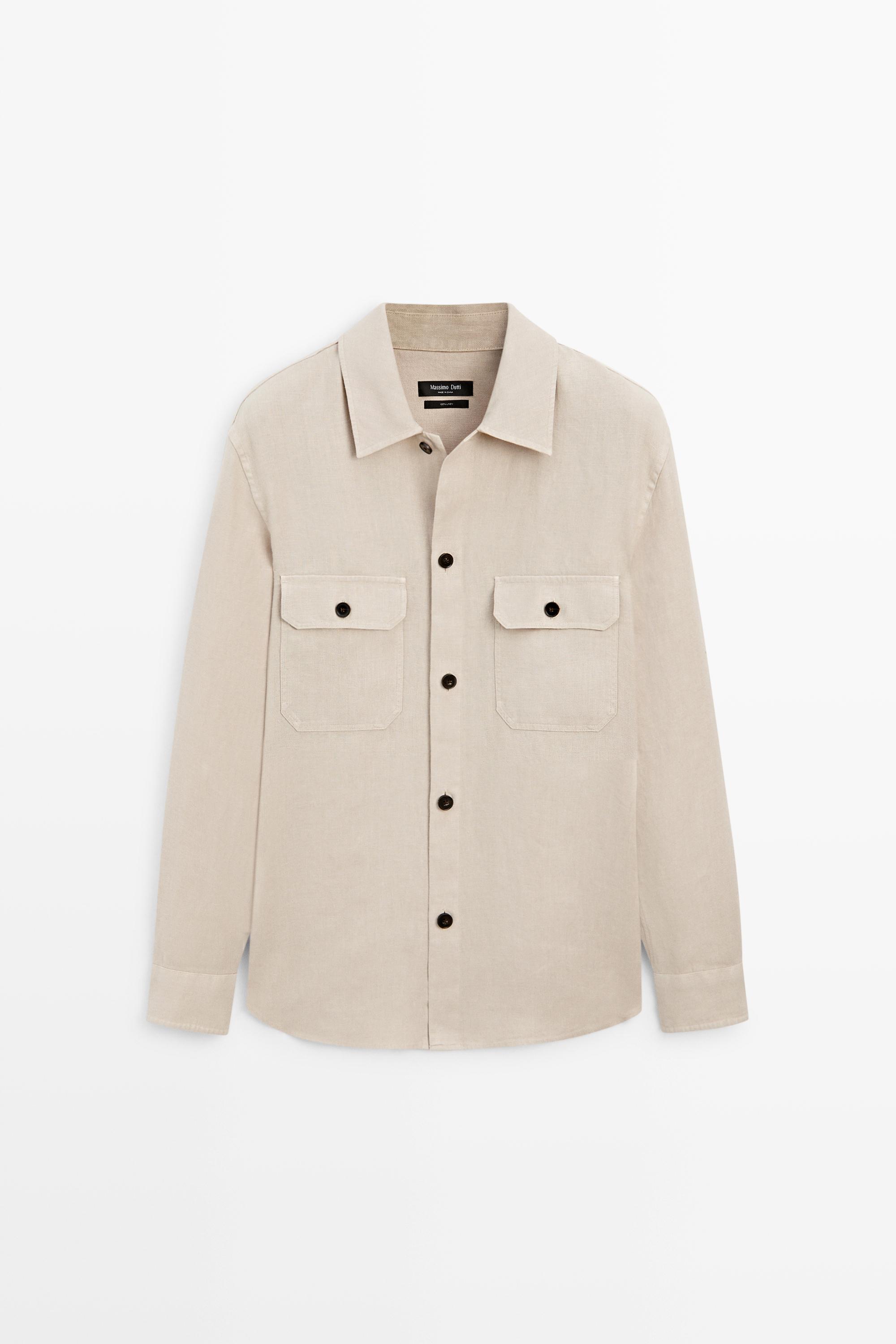 100% linen overshirt with pockets Beige