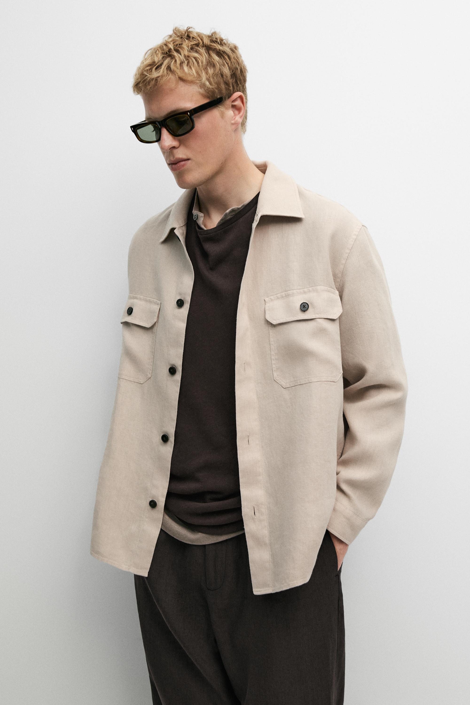 100% linen overshirt with pockets Beige