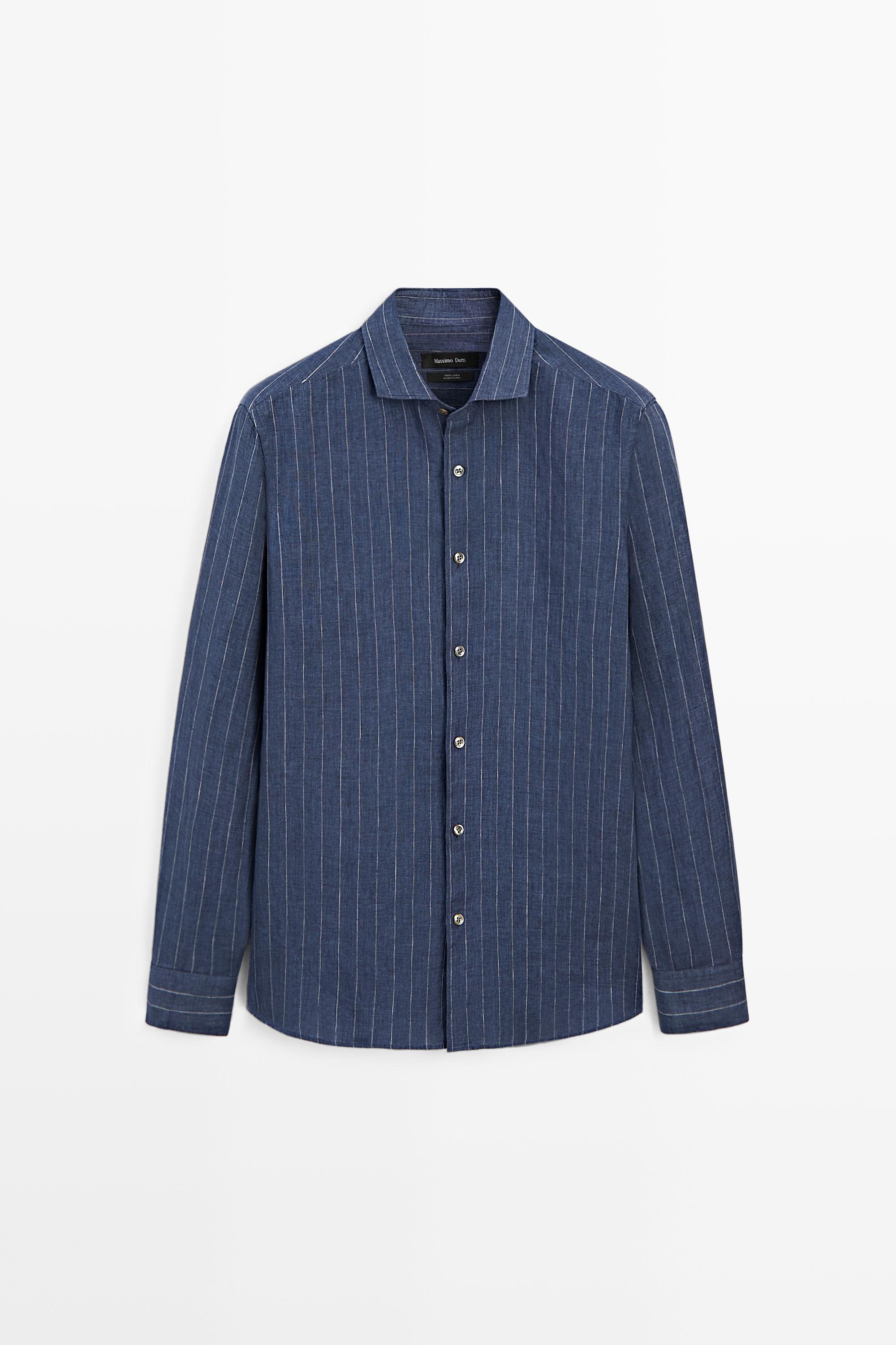 Regular fit striped delave 100% linen shirt Navy Blue
