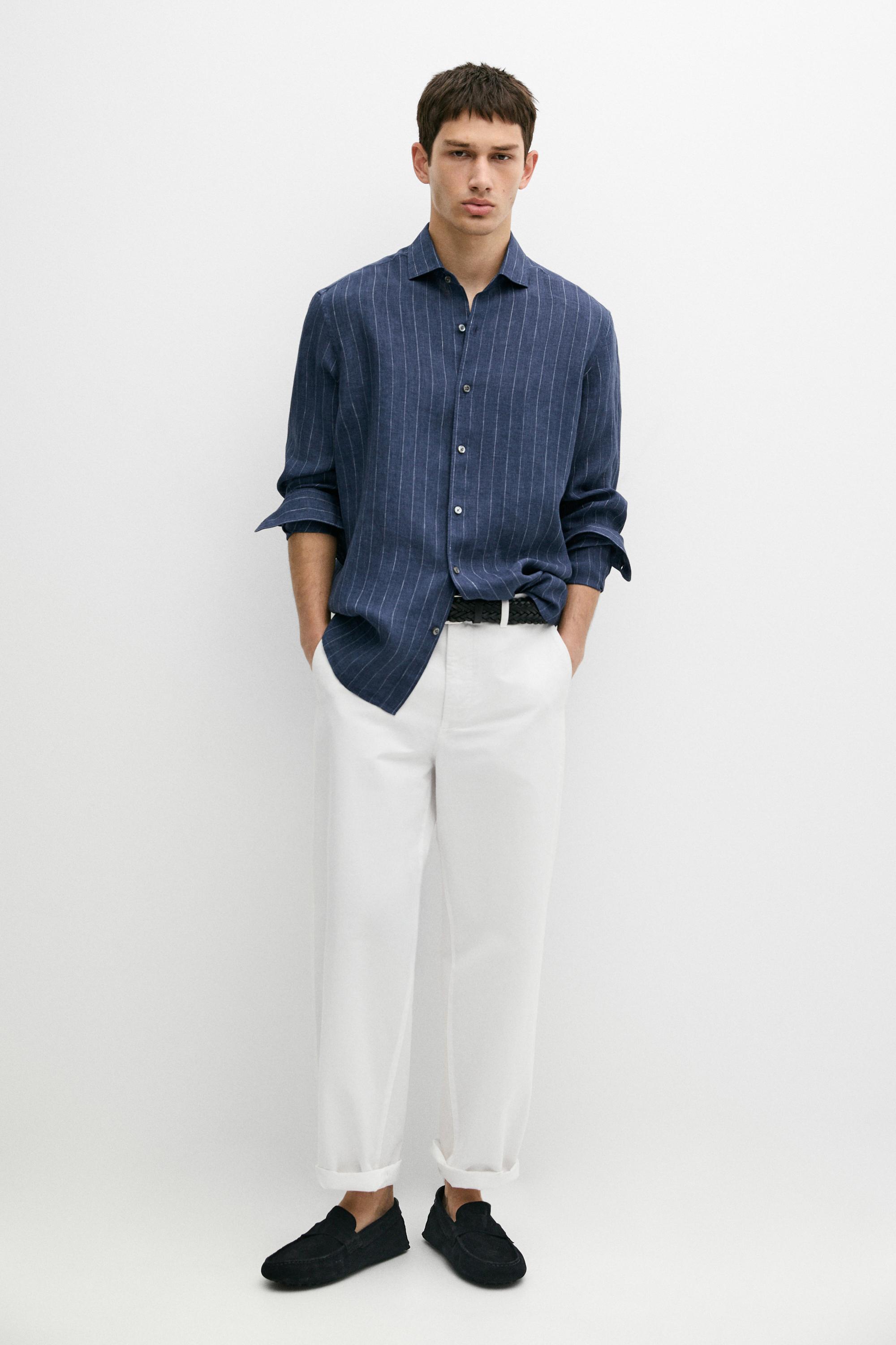 Regular fit striped delave 100% linen shirt Navy Blue
