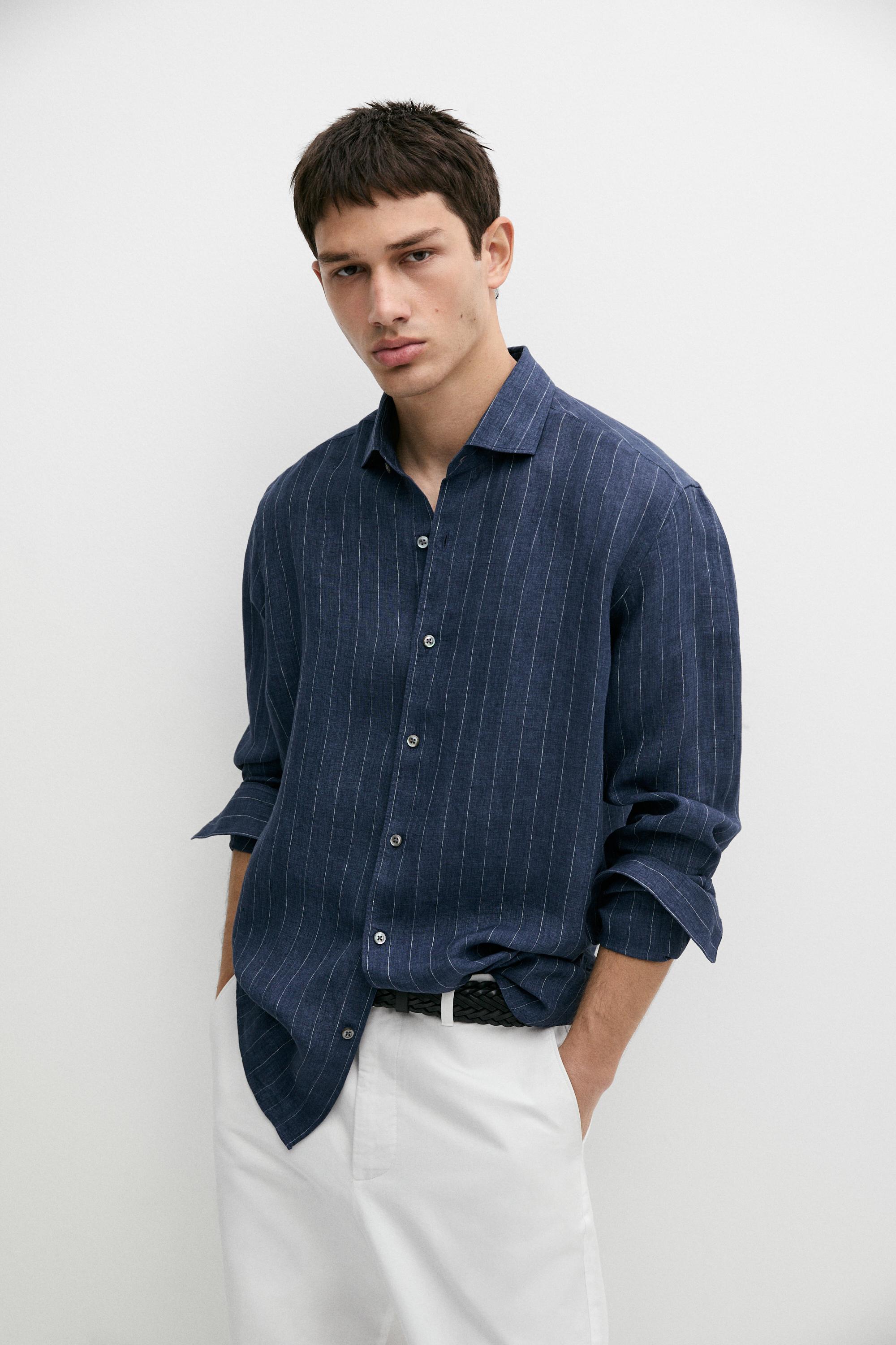 Regular fit striped delave 100% linen shirt Navy Blue