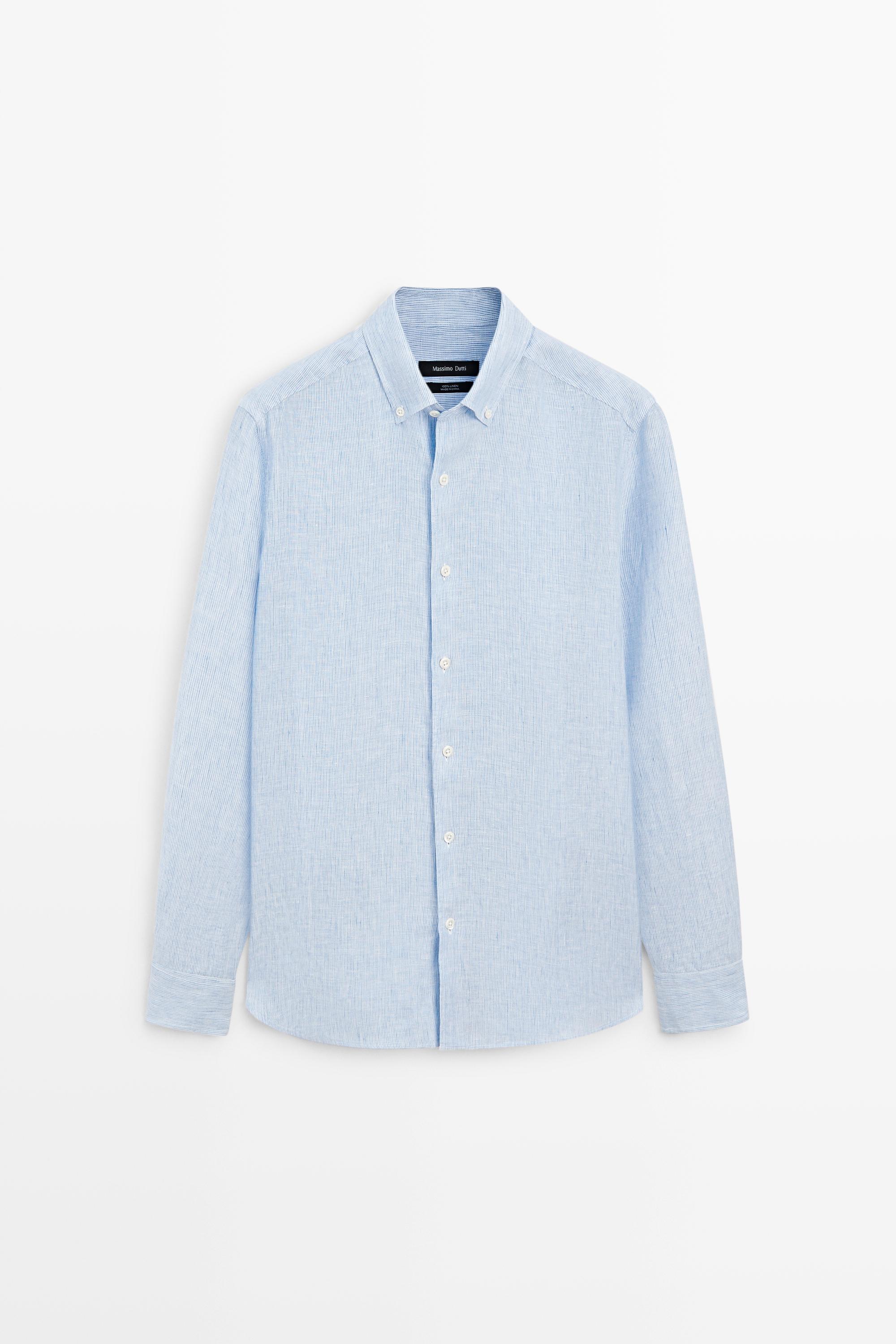 100% linen regular fit pinstriped shirt Sky Blue