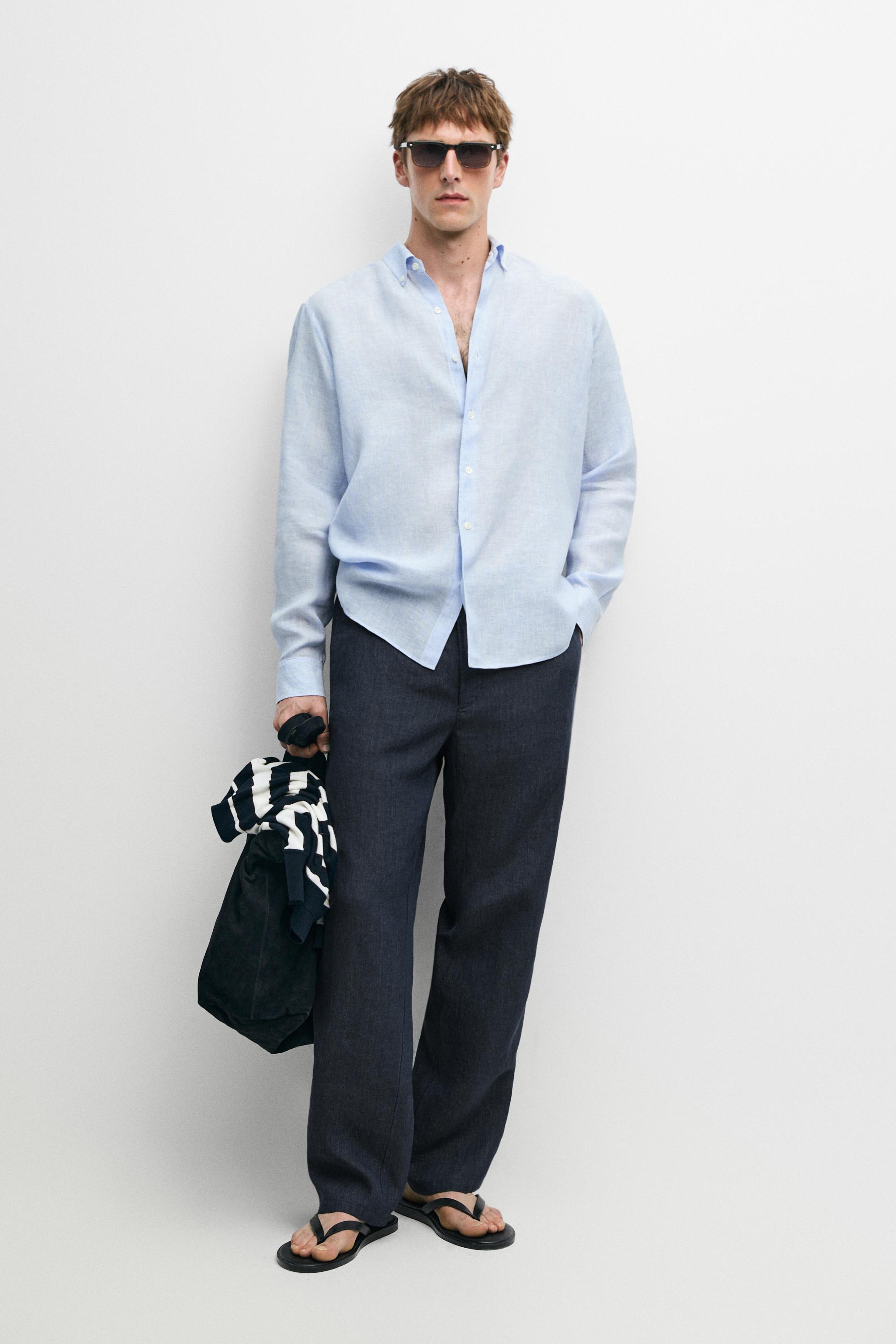 100% linen regular fit pinstriped shirt Sky Blue