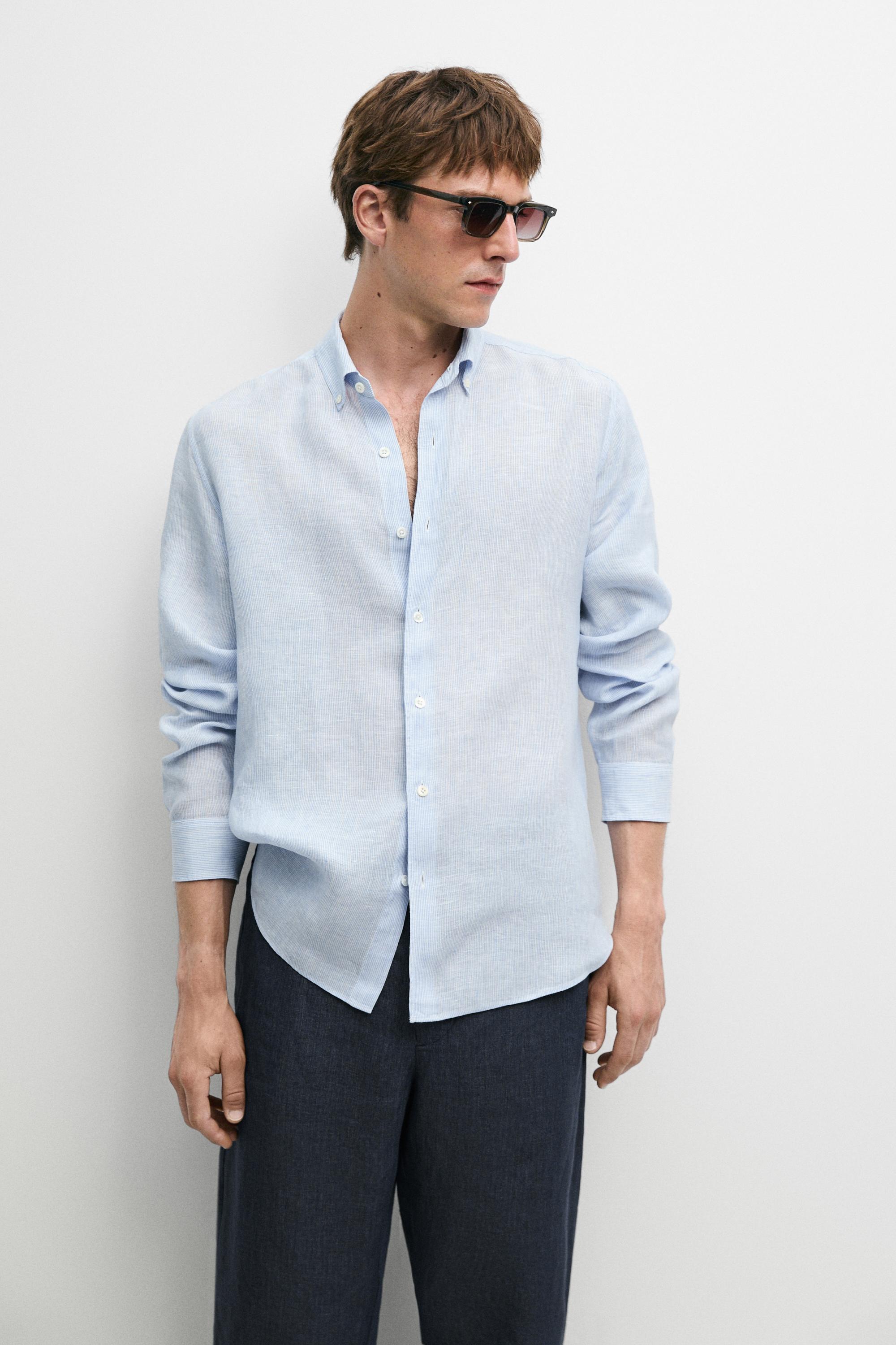 100% linen regular fit pinstriped shirt Sky Blue