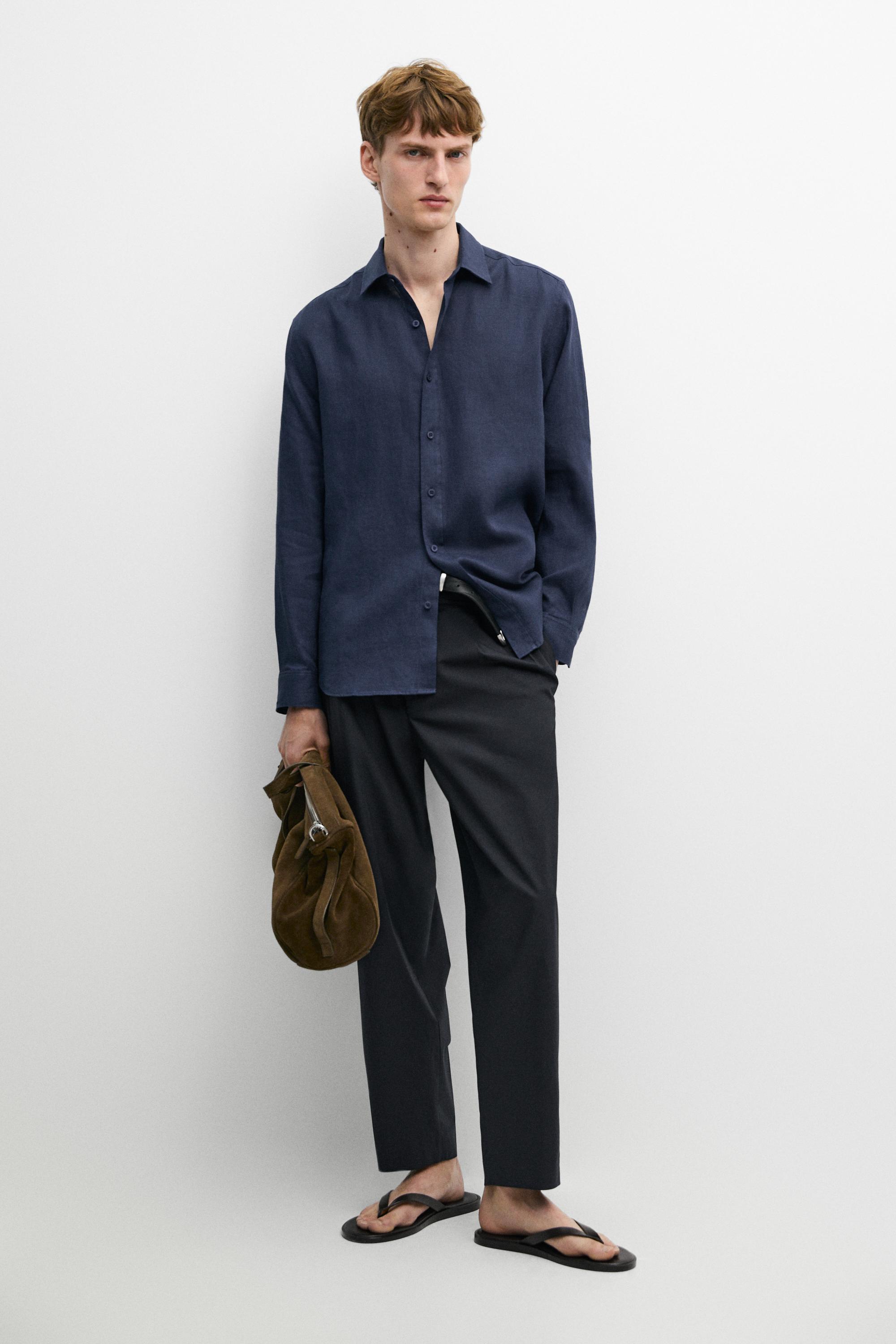 Slim fit 100% linen shirt Deep Blue