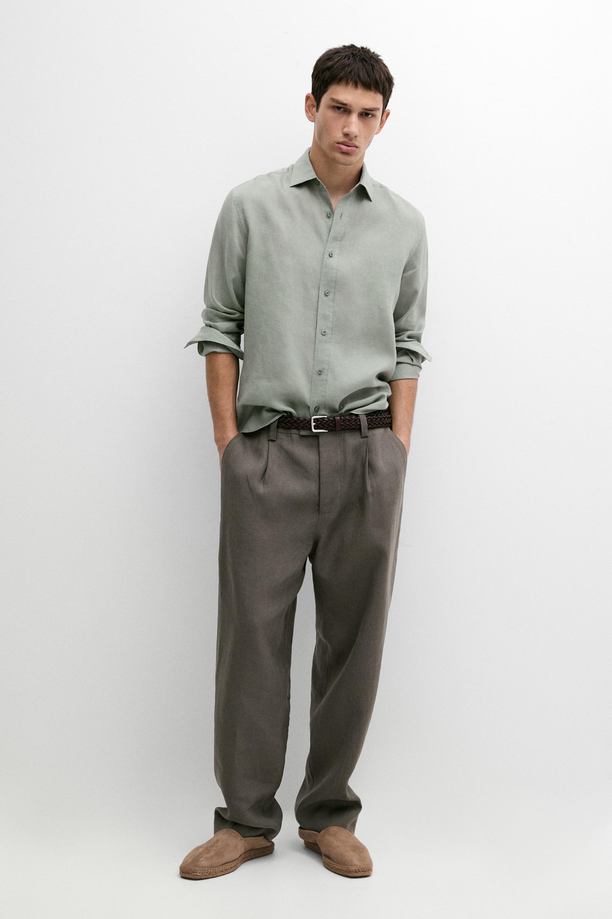 Slim fit 100% linen shirt Moss