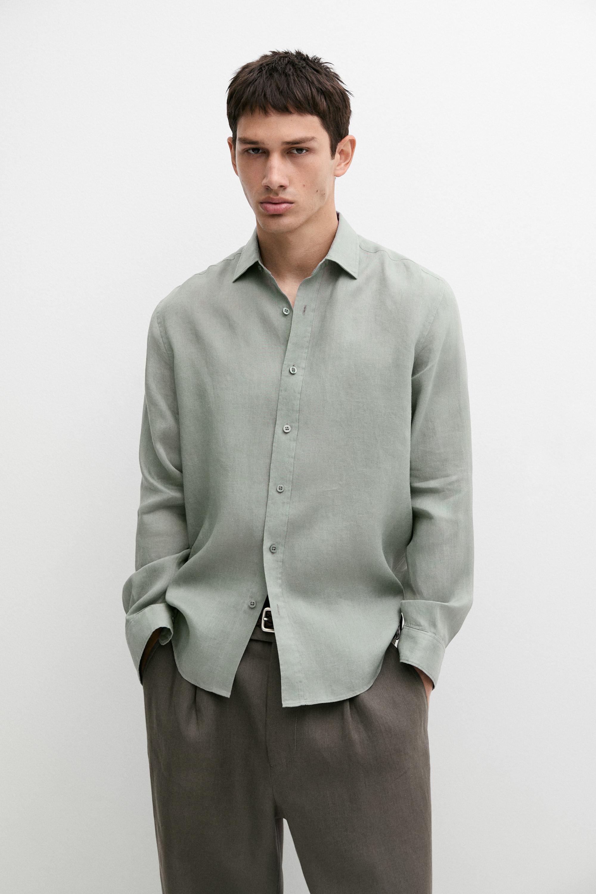 Slim fit 100% linen shirt Moss