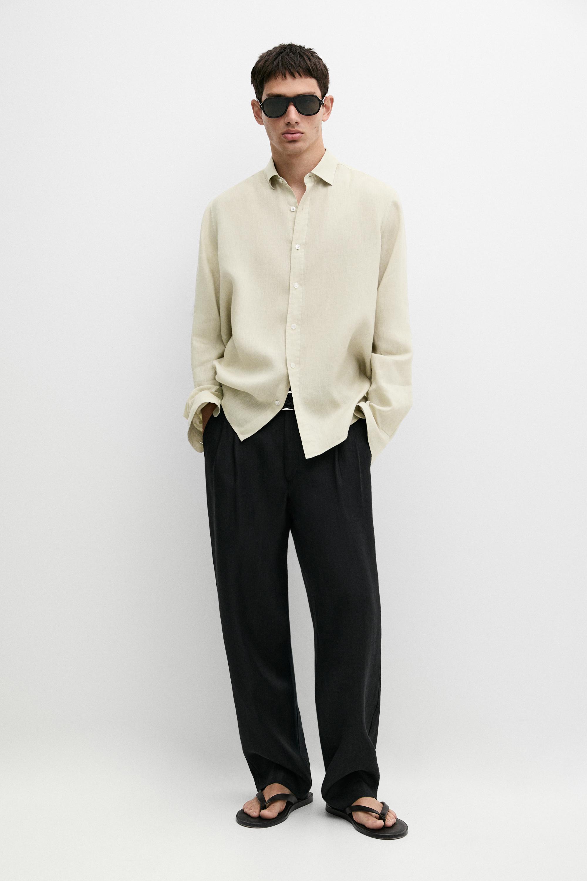 Slim fit 100% linen shirt Pale Green