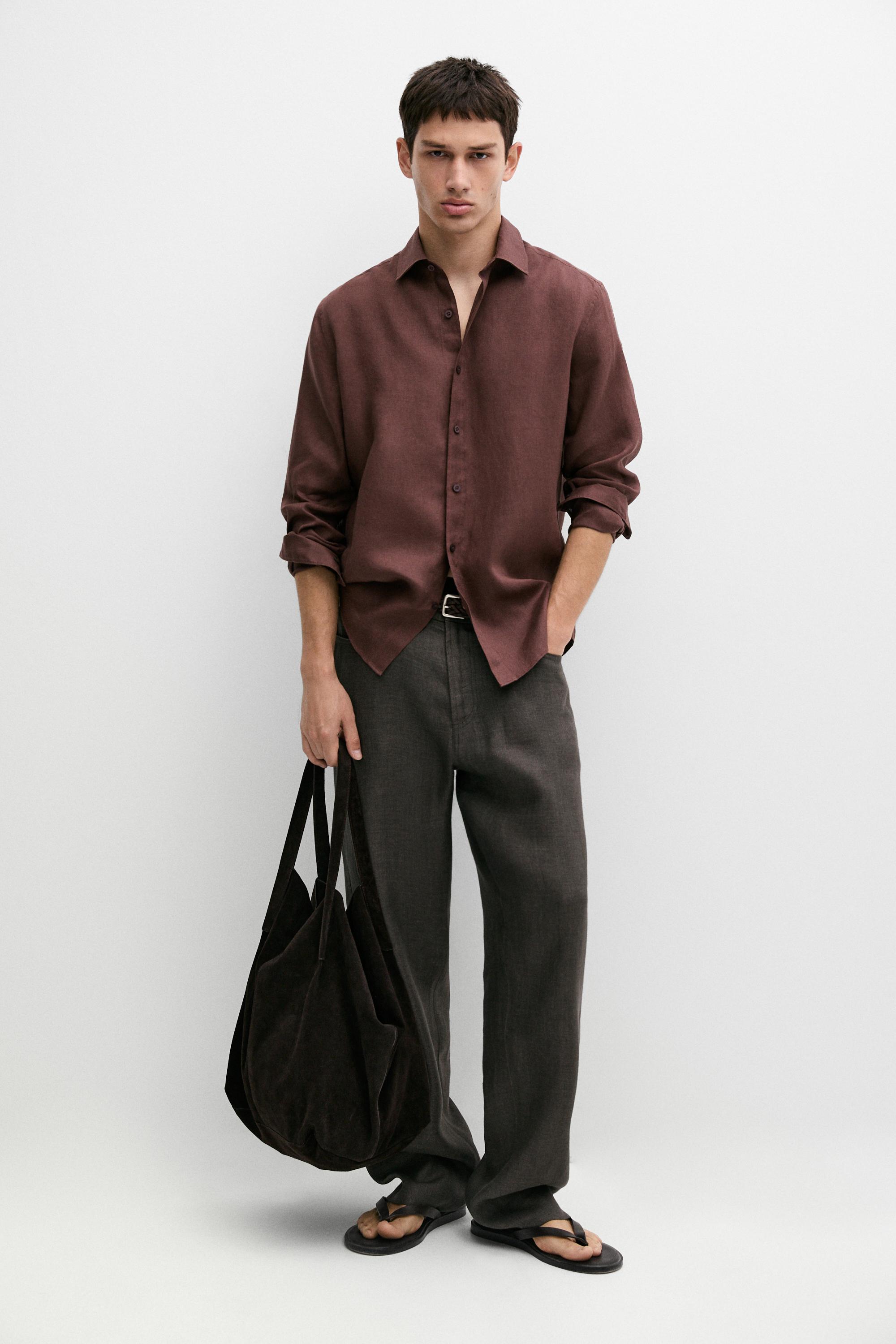 Slim fit 100% linen shirt Dark Maroon