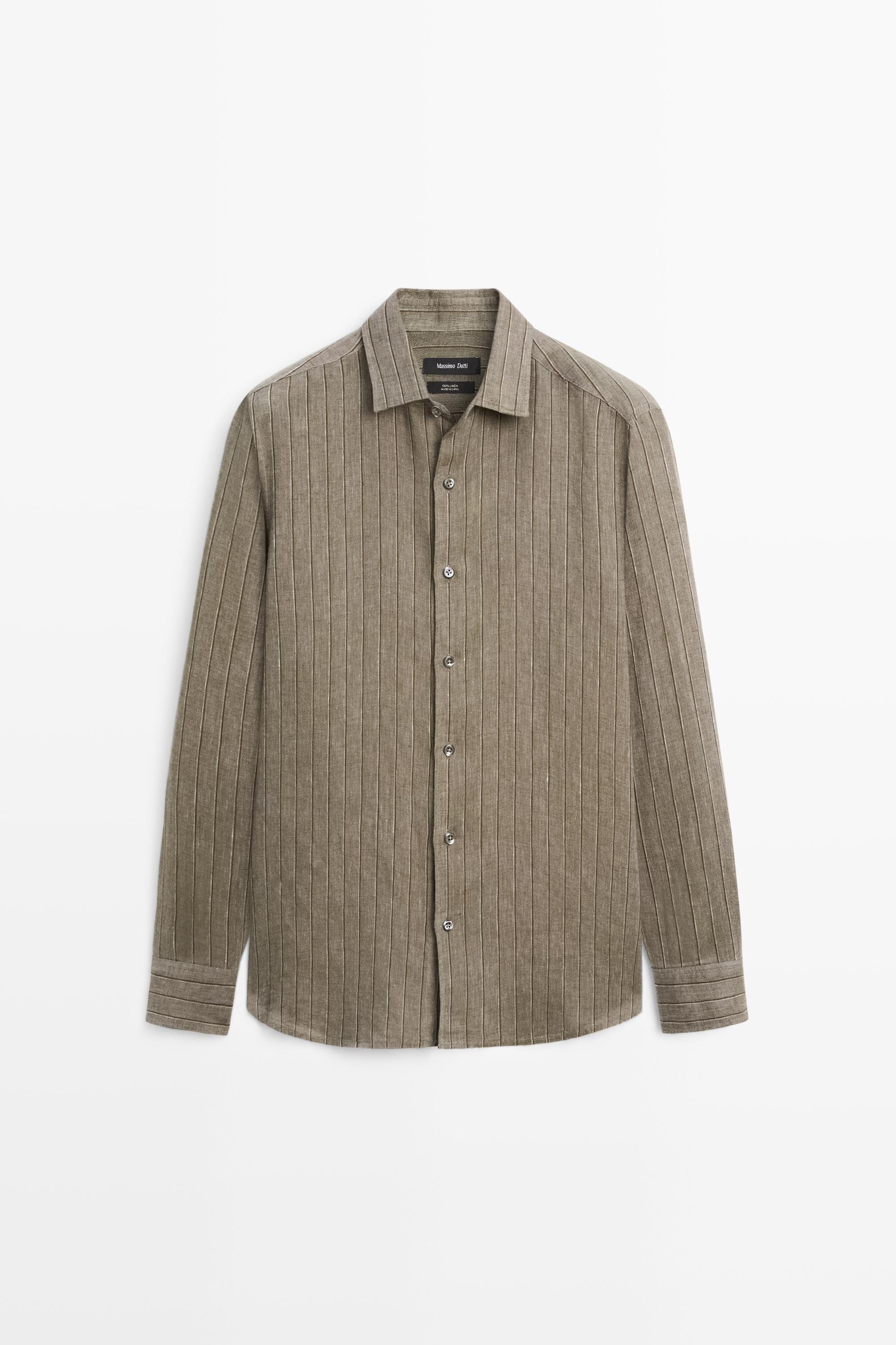 100% linen regular fit striped shirt Dark Green