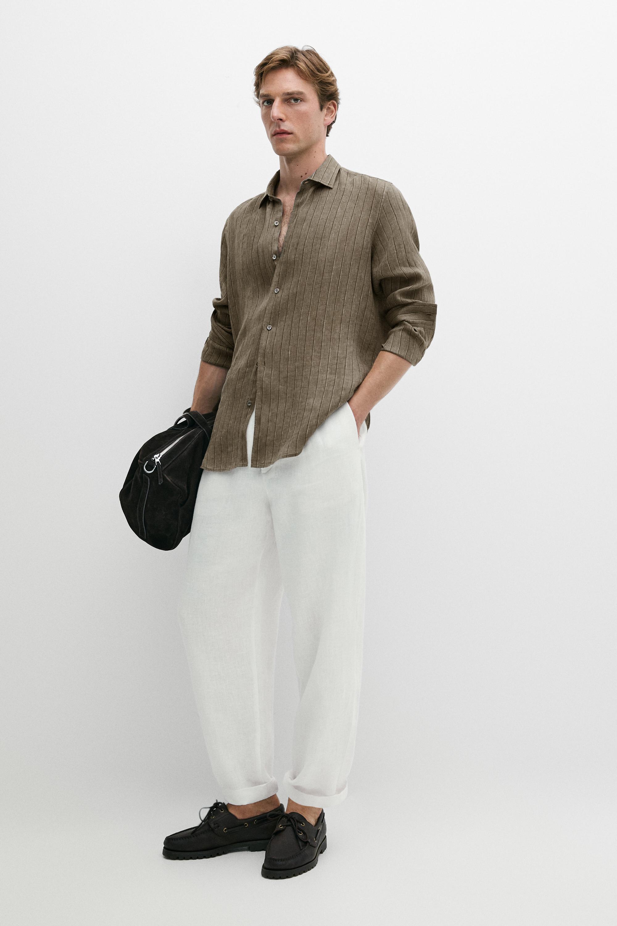 100% linen regular fit striped shirt Dark Green