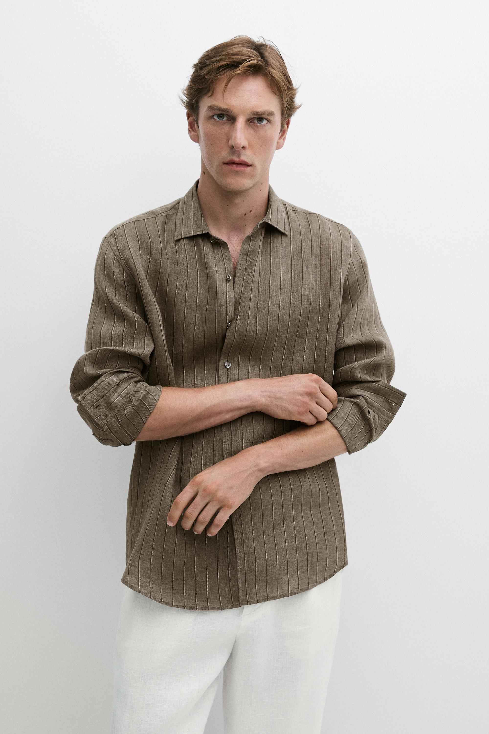 100% linen regular fit striped shirt Dark Green