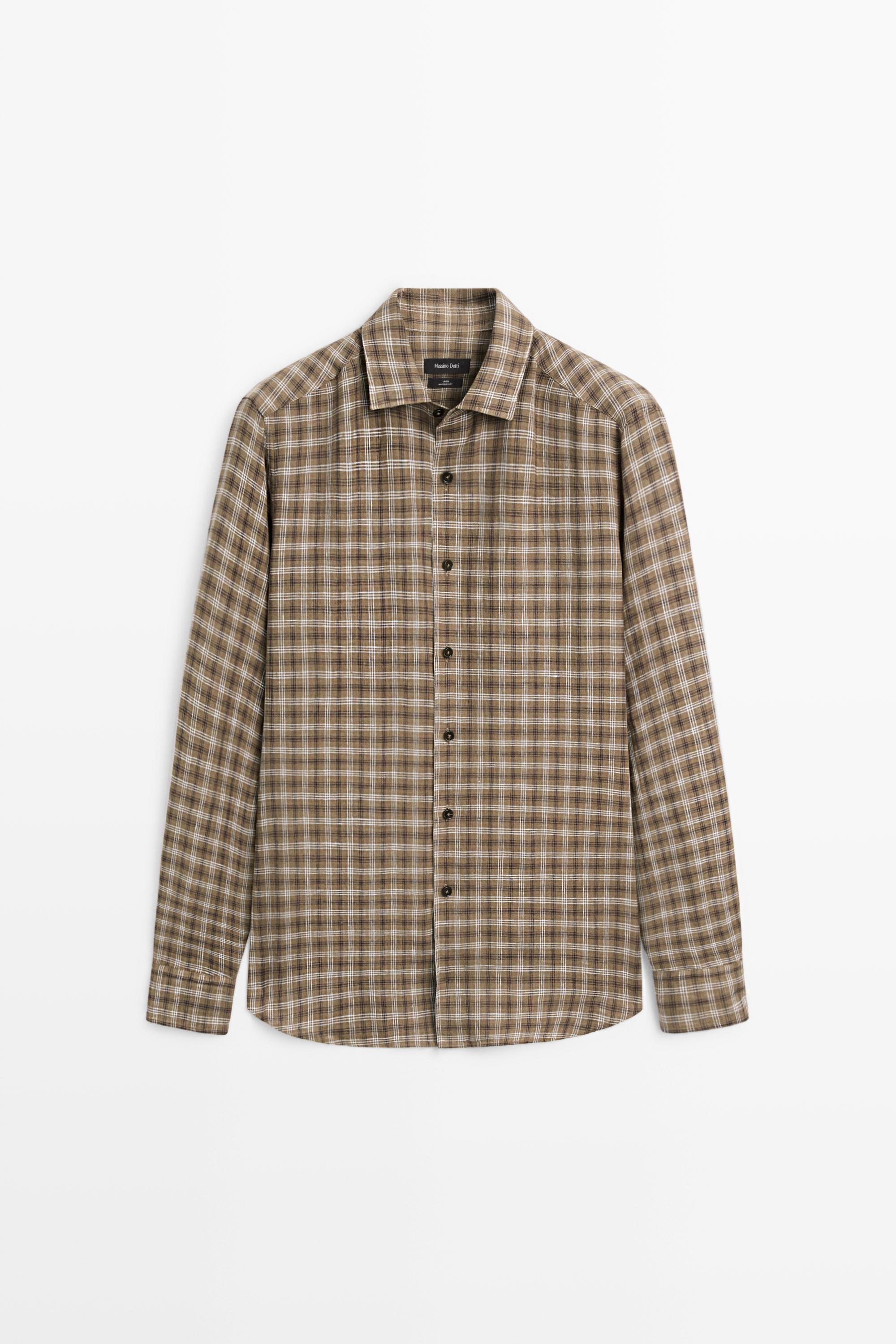 100% linen regular fit check shirt Brown Marl