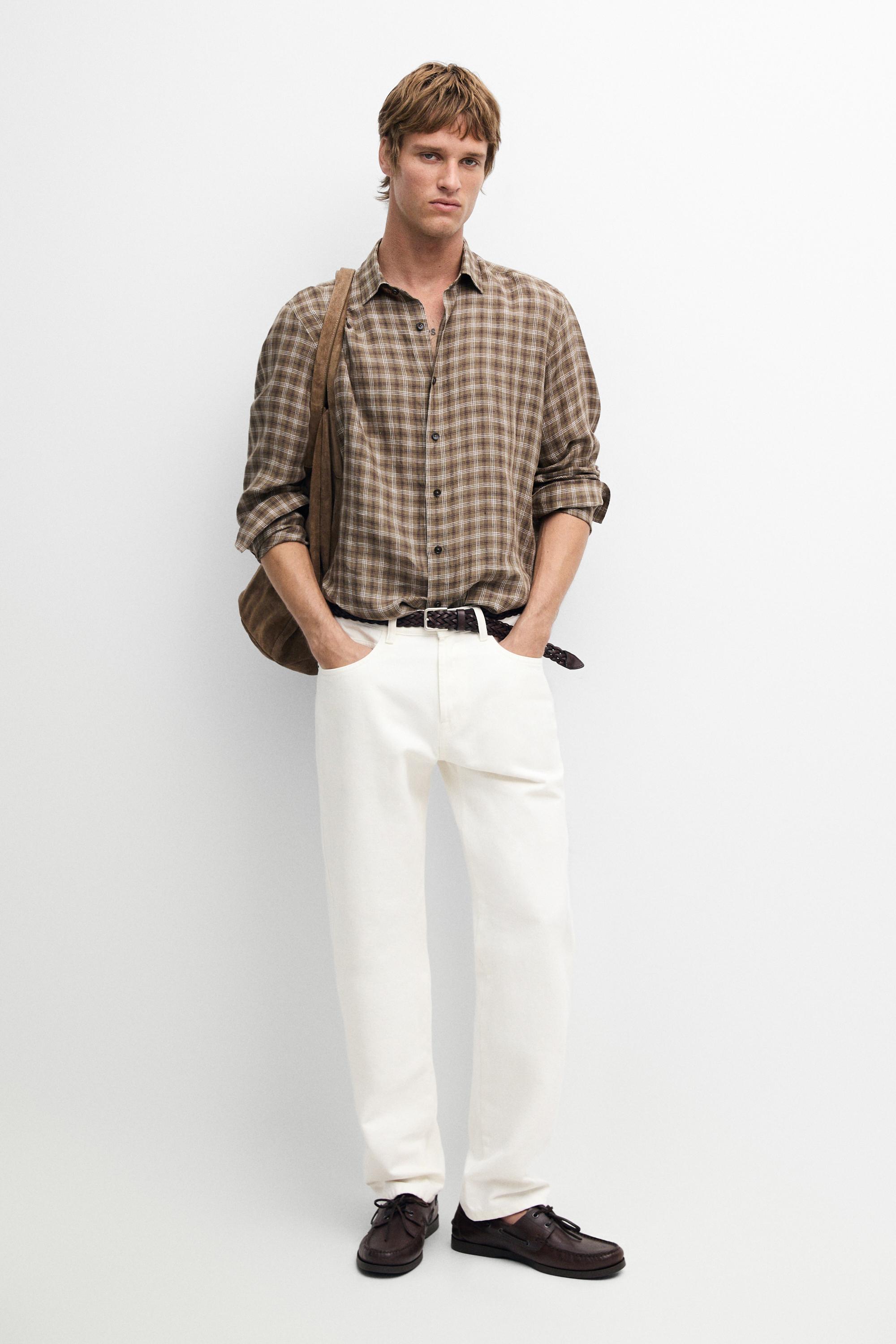 100% linen regular fit check shirt Brown Marl
