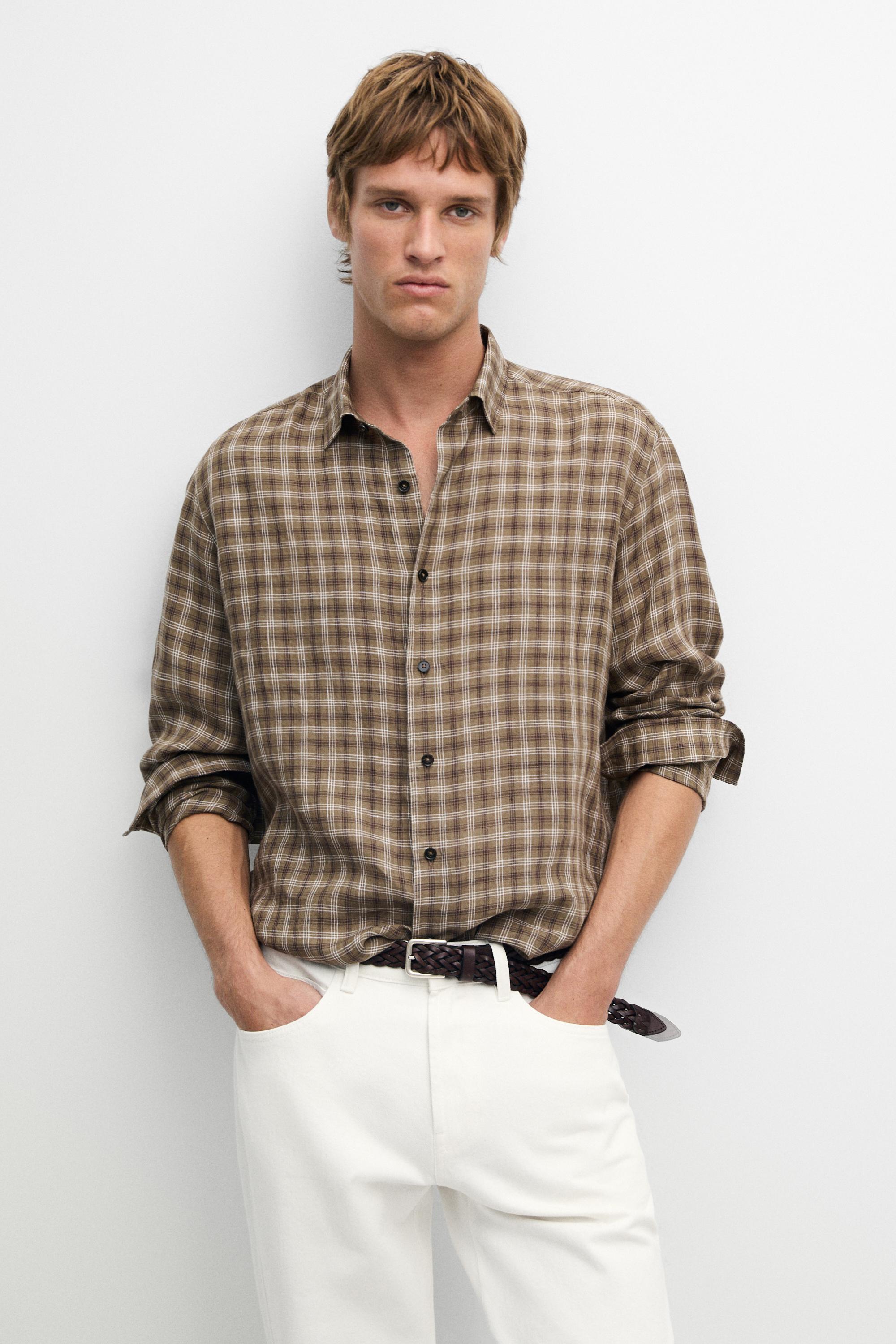 100% linen regular fit check shirt Brown Marl